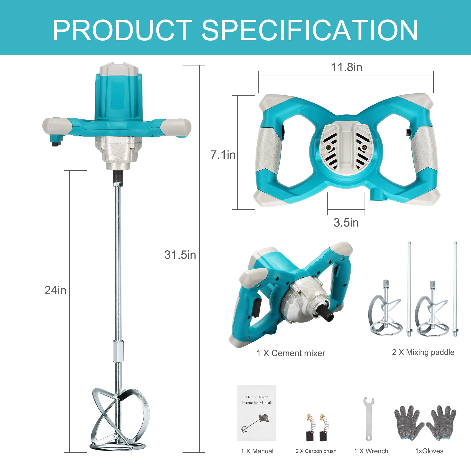 Miscelatore elettrico per cemento a mano, 2600 W, miscelatore elettrico per calcestruzzo a 6 velocità, 220 V, miscelatore a mano per motar, vernice, malta per fughe, gesso, miscelatore a