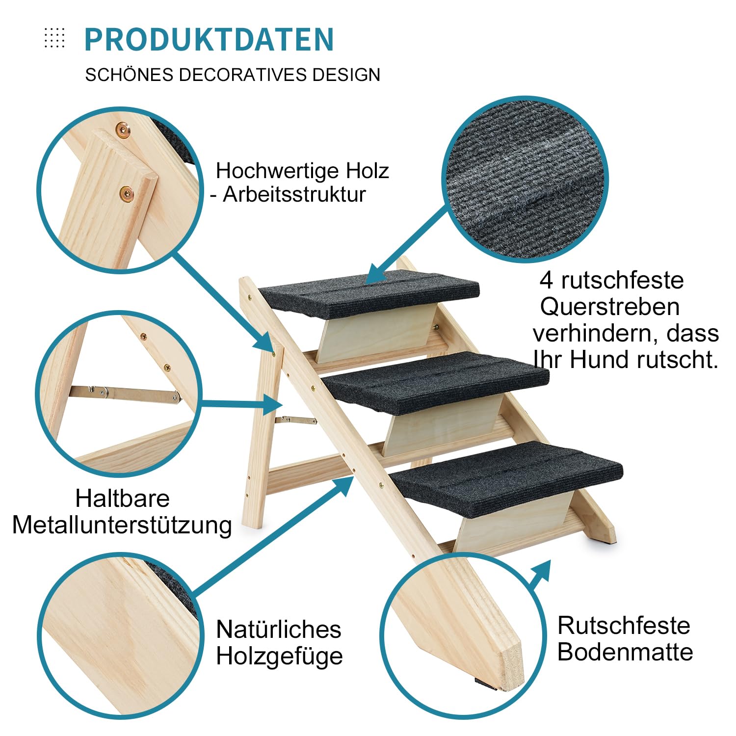 Holz-Haustiertreppe/Haustierstufen für alle Hunde und Katzen – 2-in-1 Faltbare Hundetreppe mit Teppichboden und 3 Ebenen & Rampe für Betten und Autos – tragbare Hunde-/Katzenleiter bis zu 54 kg
