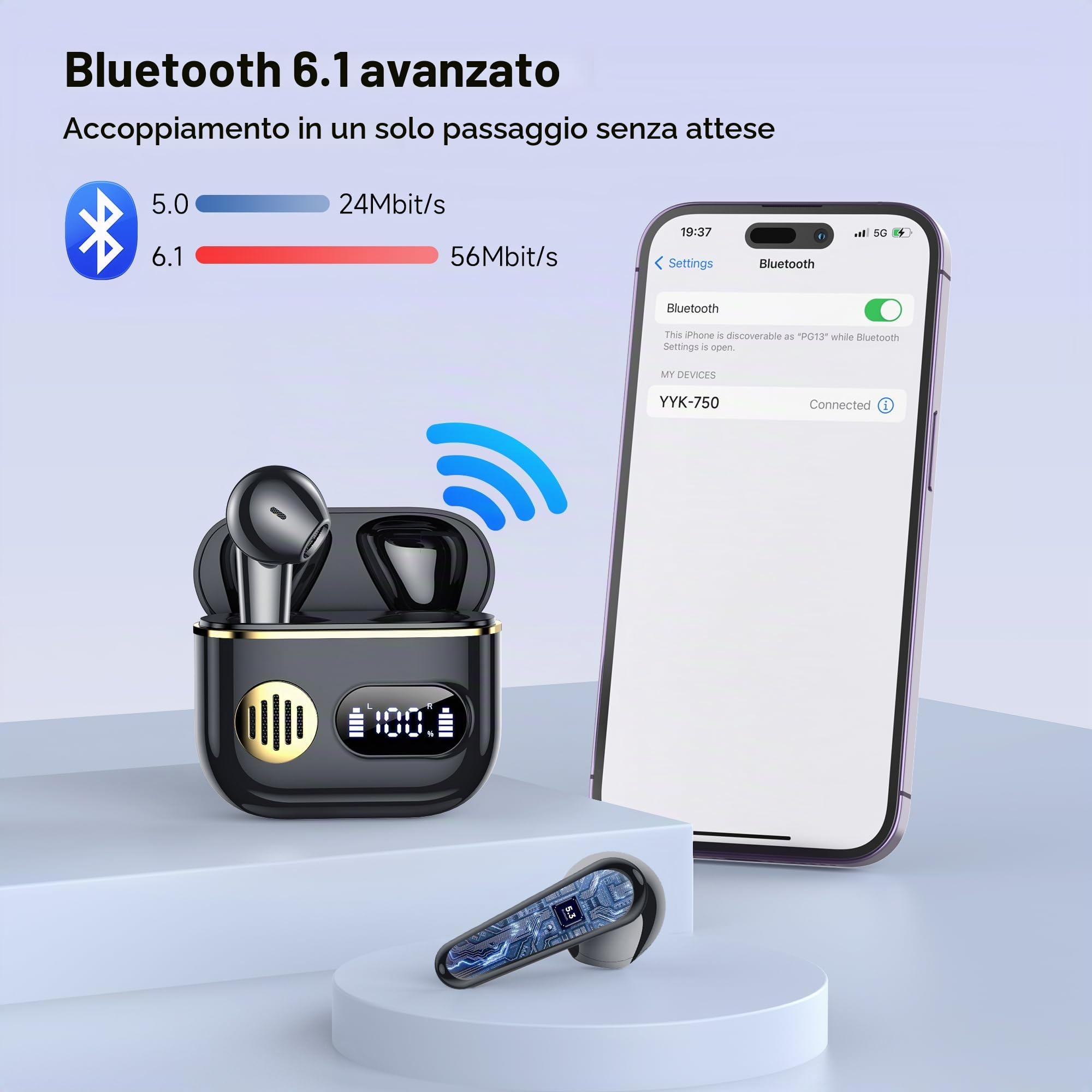 Cuffie Bluetooth,Auricolari Bluetooth 6.1 - Cuffie Wireless con 6 ENC Cancellazione Rumore Mics, Cuffie in Ear 48 Ore di Riproduzione, Cuffiette Senza Filo HiFi Stereo per iOS/Android - Classico Nero