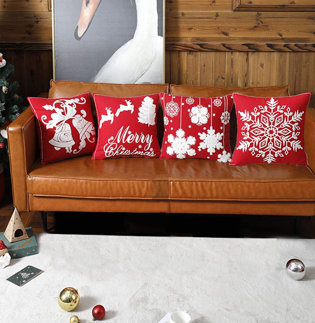 Christmas Pillow Covers，Set of 4 Christmas Snowflake Throw Pillow Covers,45*45cm Snow Nylon Jacquard Yarn Dyed Throw Pillow，Sofa Cushion Pillowcases with Invisible Zipper，for Christmas Decor (A-4pcs)