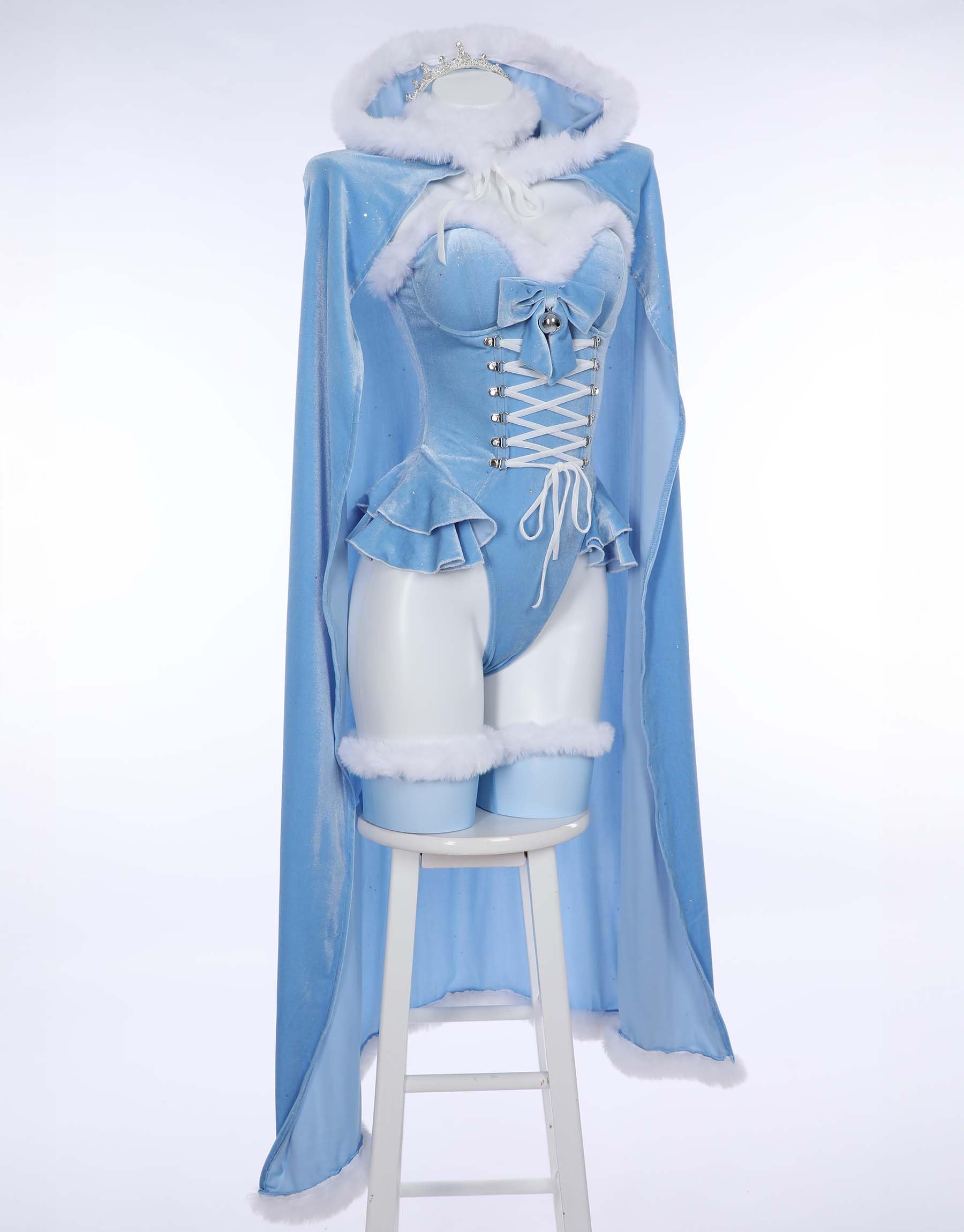 MEOWCOS Women's Bodysuit Queen Cosplay Costume Halloween Christmas Bodysuit Cape Set with Crown Cloak Gloves Socks: X-Large Blue