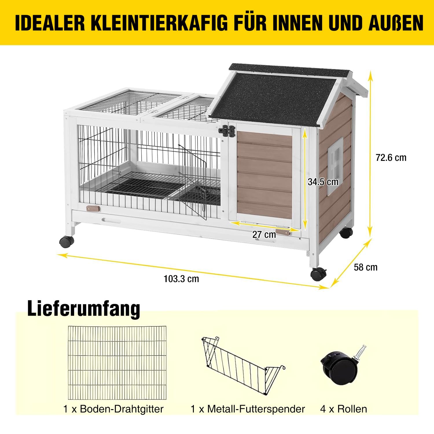 Aivituvin Hasenstall, Kaninchenstall für drinnen und draußen, Innen-Kaninchenkäfig Außen-Kaninchenhaus mit Drahtboden und undichtungsfreiem Kunststofftablett (Braun, L)