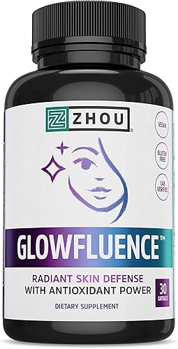 Zhou Glowfluence Suplemento de ácido hialurónico con vitamina C y antioxidantes, elasticidad de la piel y apoyo de firmeza para piel radiante