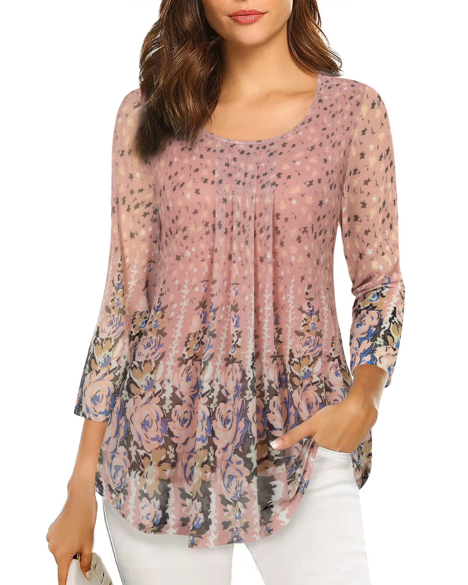 VALOLIA Women's 3/4 Sleeve Tunic Tops Casual Loose Fit Floral Blouses Mesh Pleated Layered Shirt