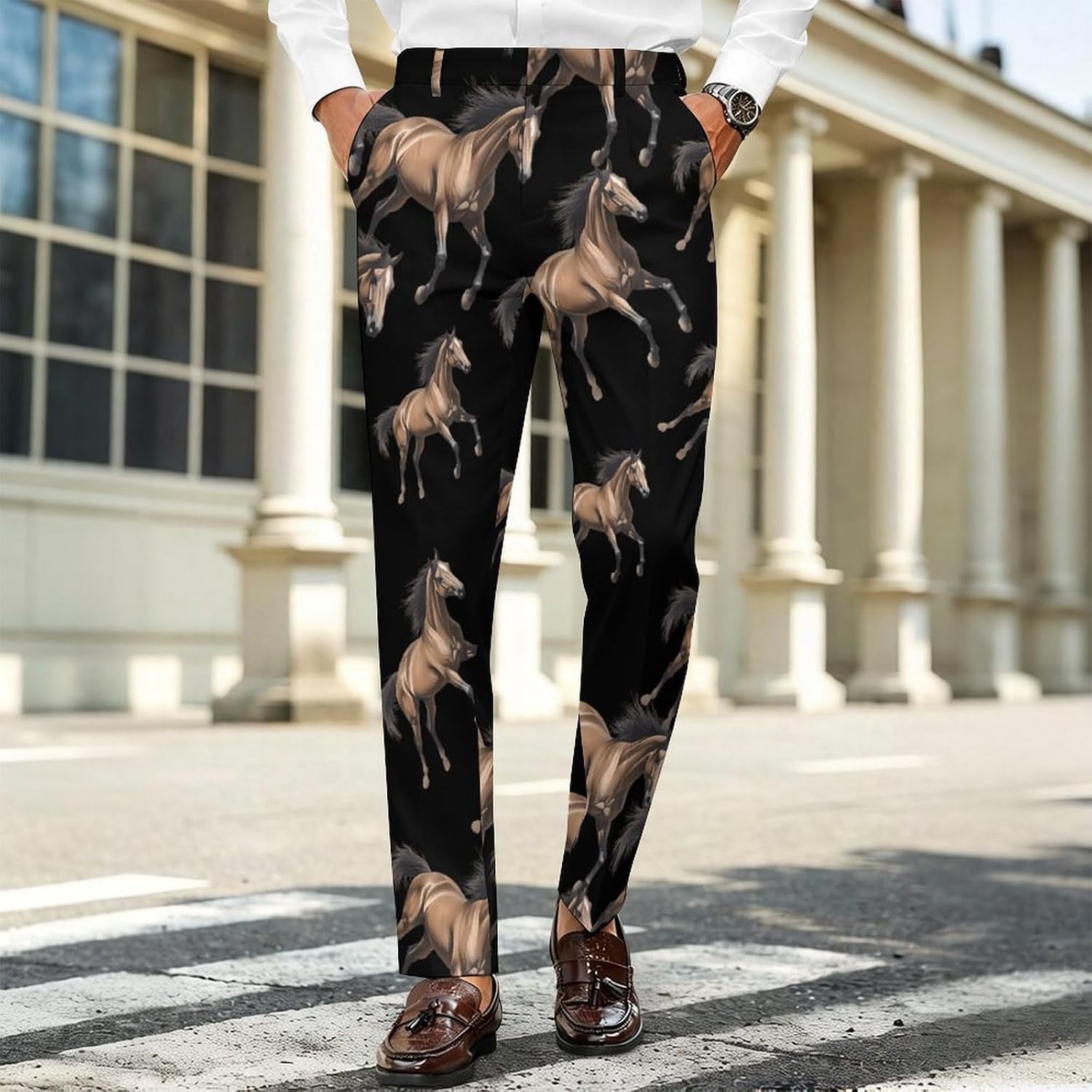 Running Arabian Horse Men's Classic Fit Suit Pants Straight Leg Design Printed Trousers