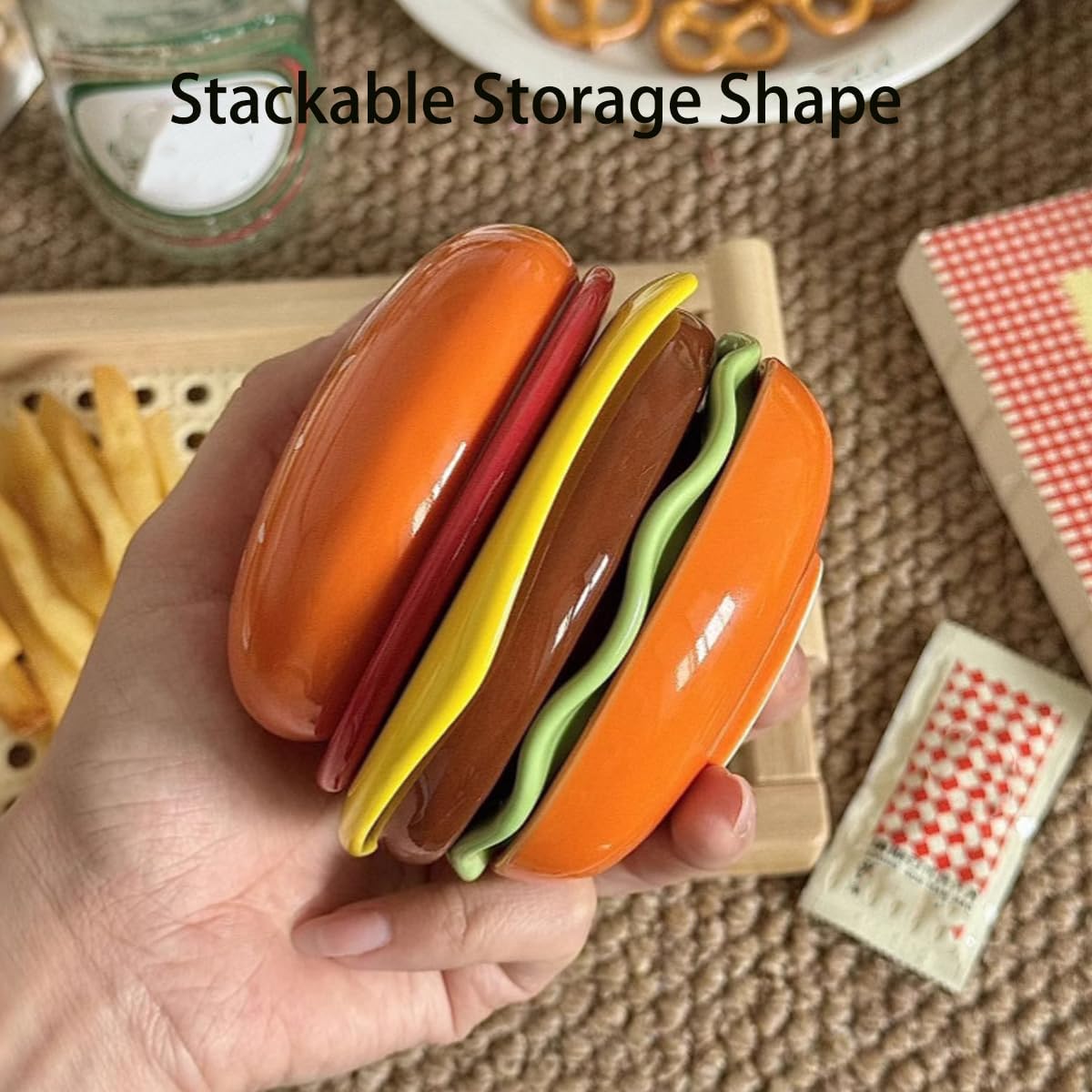 Ceramic Hamburger Plate Set, 6-Piece Stackable Burger Plate Sets with foldable waterproof camping mat for Snack, Dessert, and Sushi Dip (2 Pcs)