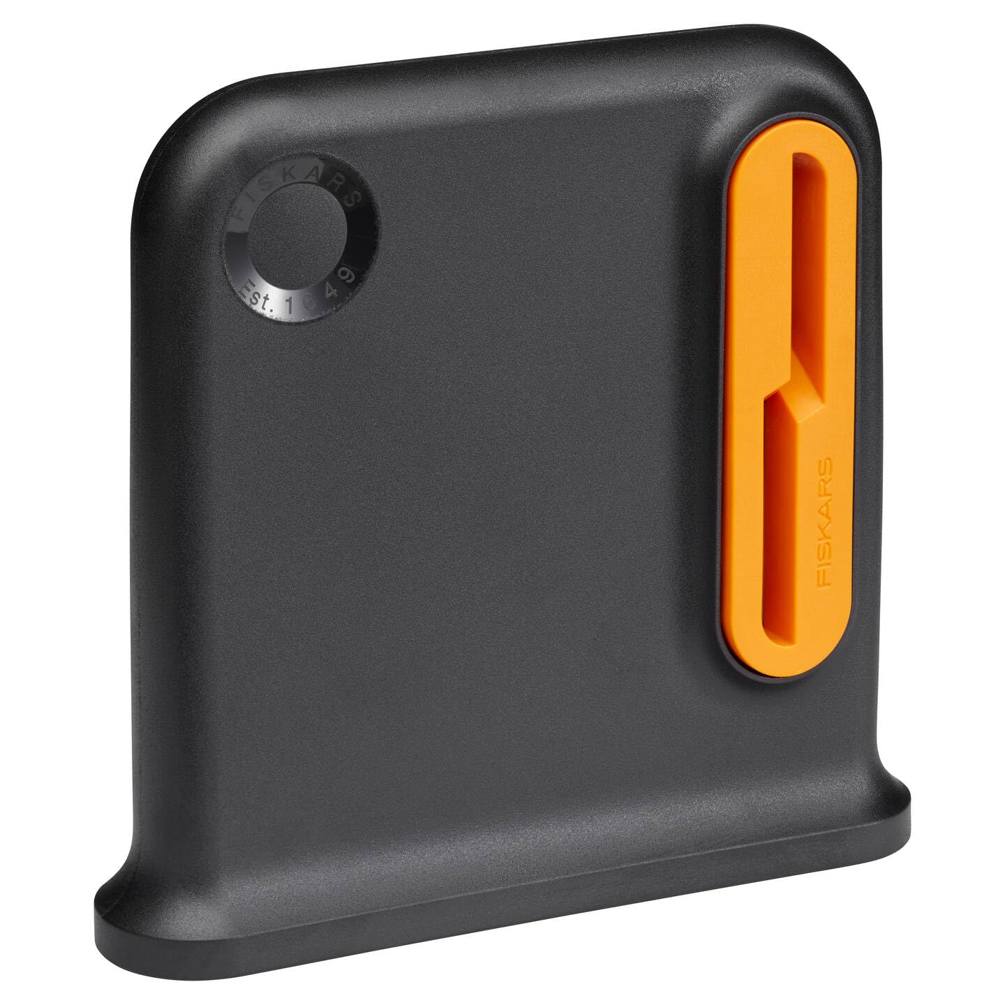 Fiskars Aiguiseur de Ciseaux, Idéal pour les Ciseaux Polyvalents Destinés aux Droitiers, Conception Ergonomique, Au Moins 55% de Matériaux Recyclés, Boîtier en ABS Recyclé à 80%, Noir/Orange, 1081129