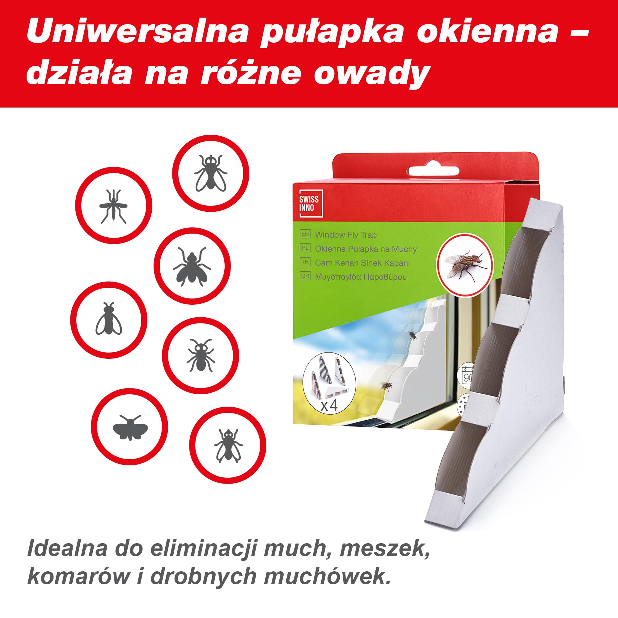 SWISSINNO Dekoracyjna Pułapka na Muchy do Okna – Zestaw 4 pułapek ze wzorami – skuteczna pułapka klejąca na muchy do wnętrz – dyskretna, łatwa w montażu, higieniczna – produkcja UE