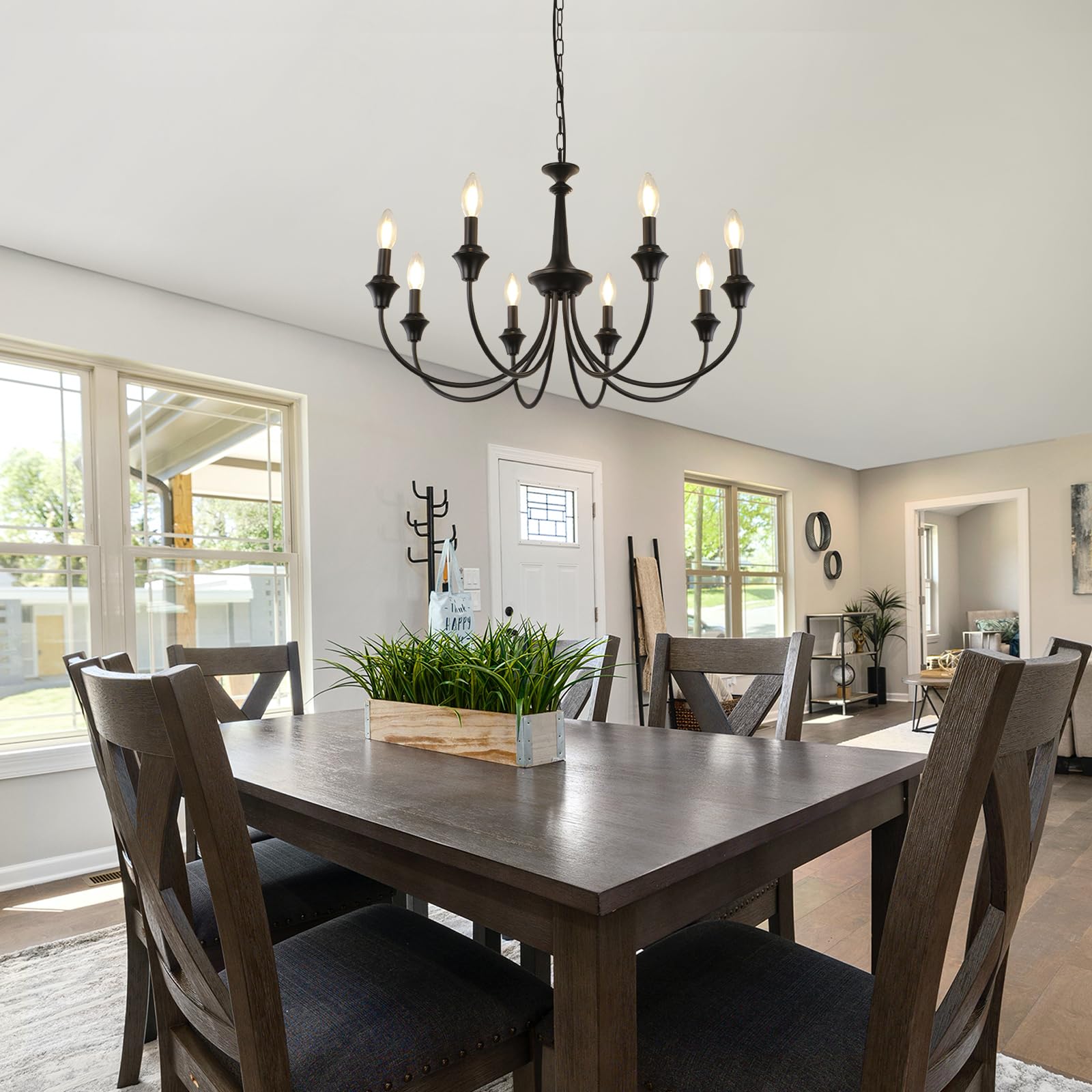 KMaiPem Black Chandelier Light Fixture, 8 Lights Farmhouse Chandeliers for Dining Room Lighting Fixtures Over Table, Large Candle Vintage Rustic Pendant Lights for Kitchen Island Living Room