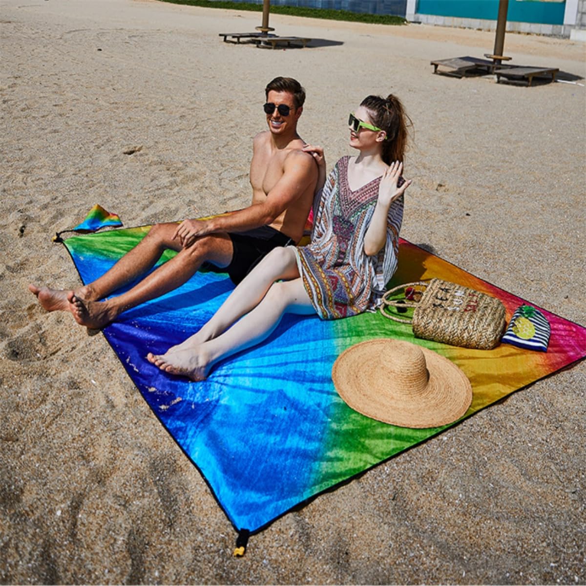 Koc plażowy, wodoodporny, odporny na piasek, ponadwymiarowy, żółw, tęczowy nadruk boho, 180 x 221 cm, bardzo duża, bez piasku, mata plażowa, niezbędna do parku, na piknik, koncert, podróż,