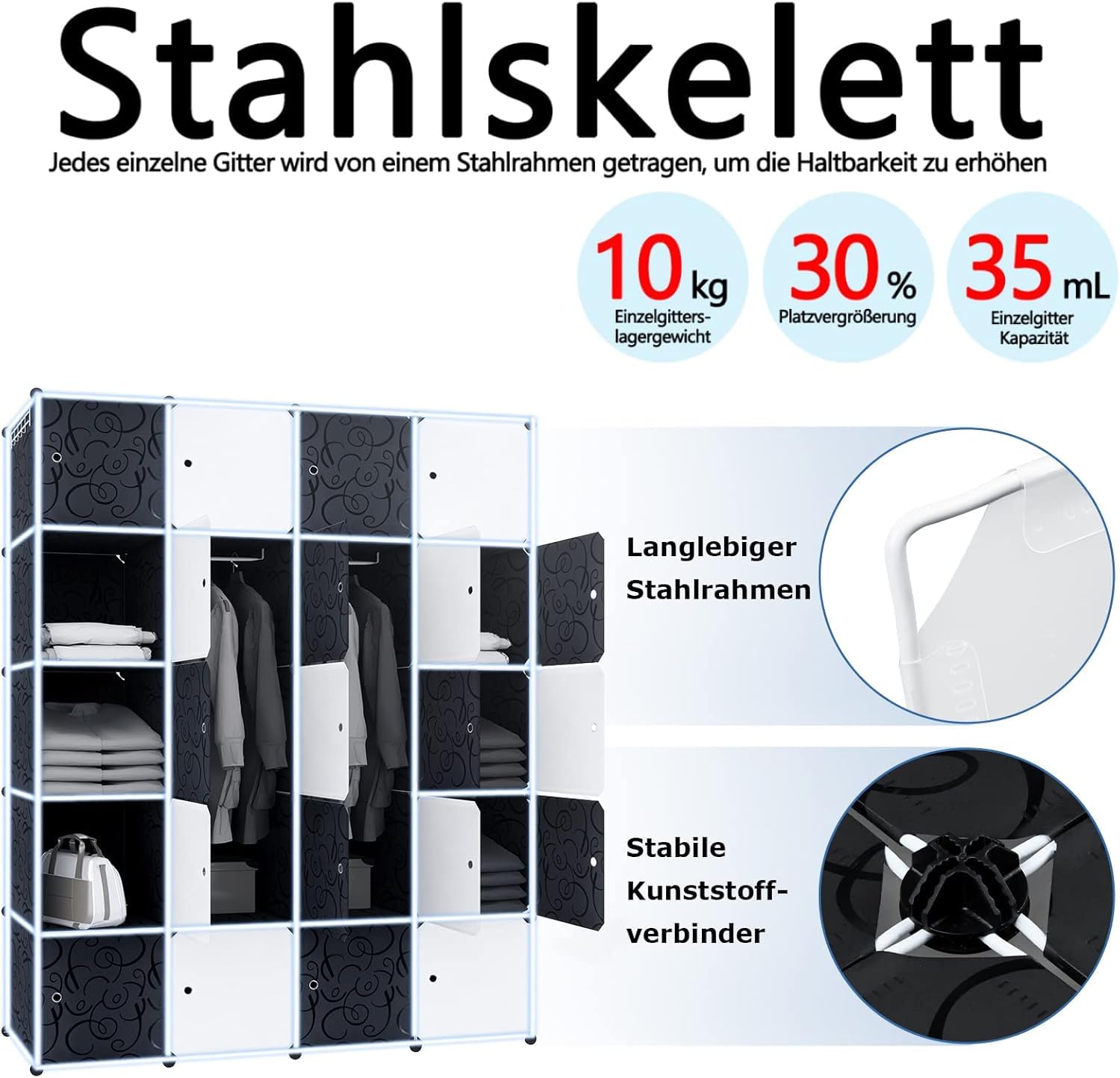 UISEBRT Kleiderschrank Regalsystem 20 Würfel DIY Garderobenschrank Kunststoff Schlafzimmerschrank Steckregal mit Tür und Schuhschrank für Kleidung Bücher Spielzeug - 140x37x178cm Schwarz und Weiß
