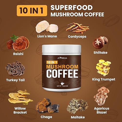 Miniatura 2 de JUYIHEAL Café de hongos, café en polvo de hongos 10 en 1 con melena de león, chaga, reishi, cordyceps, maitake, shiitake y cola de pavo para