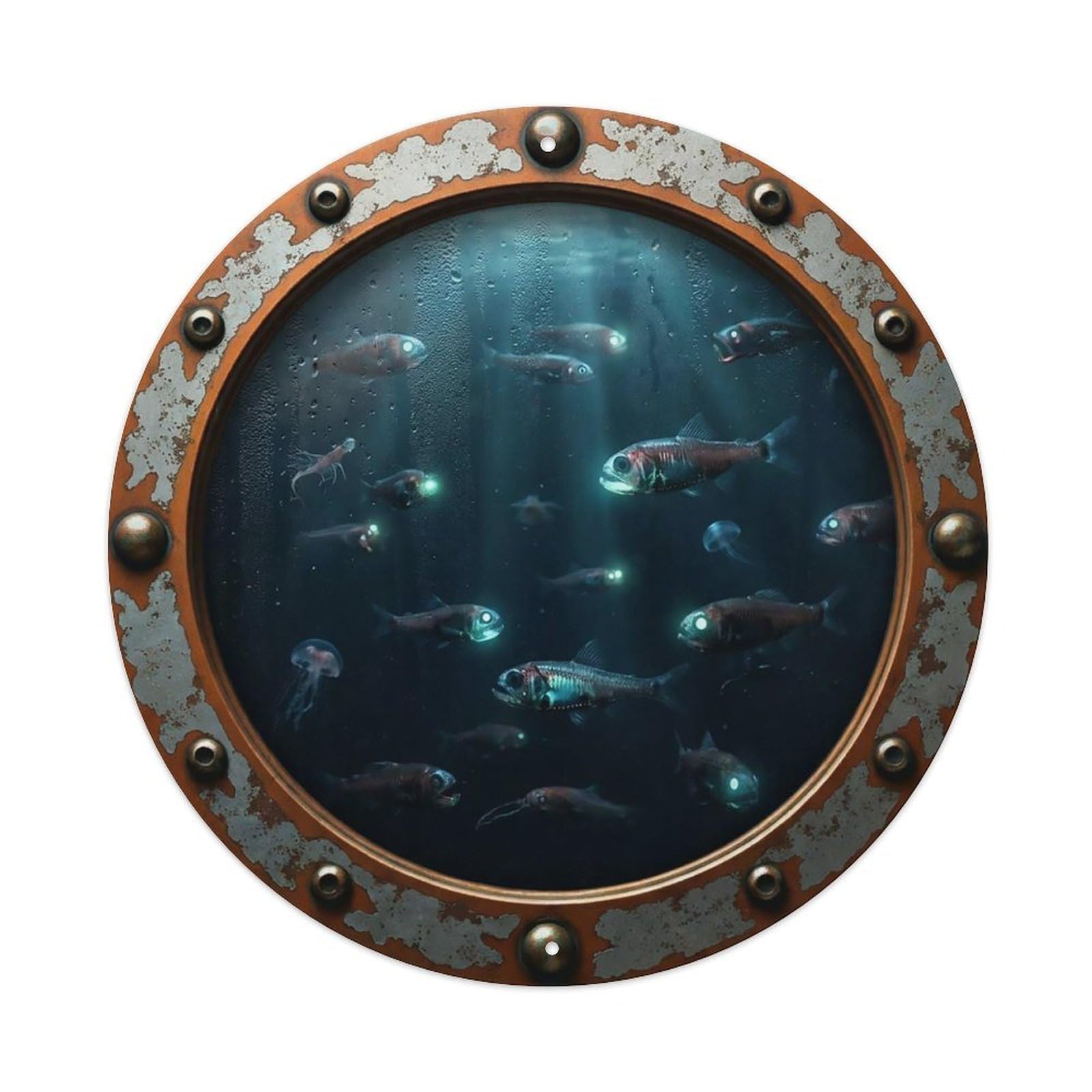 Vintage Porthole Lanternfish Nautical Window View Metal Tin Sign