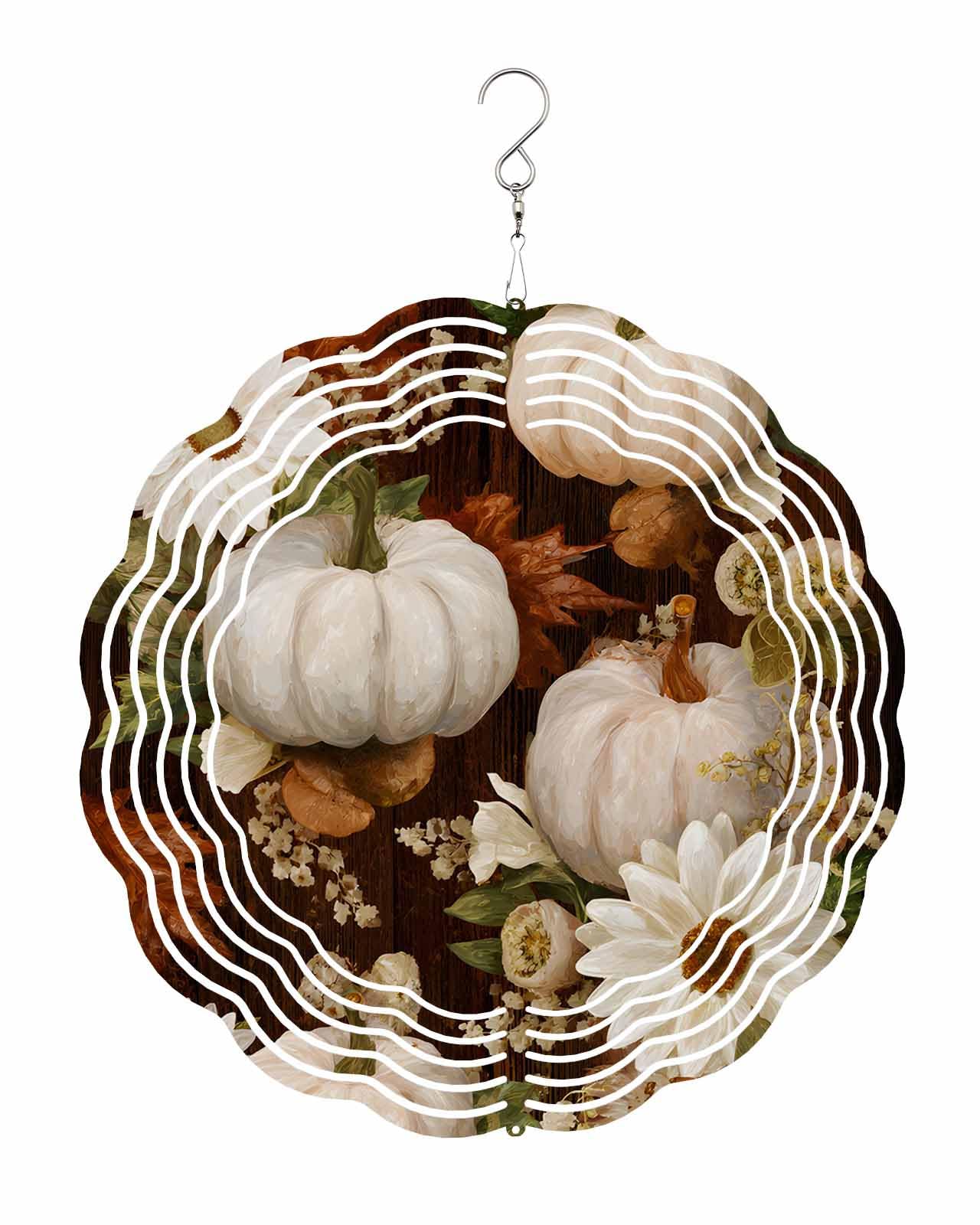 Plant Wind Spinners, Fall Pumpkins White Flowers Vintage Hanging Wind Spinners for Yard and Garden 3D Stainless Steel Metal Sculptures Crafts Ornaments 8 Inch