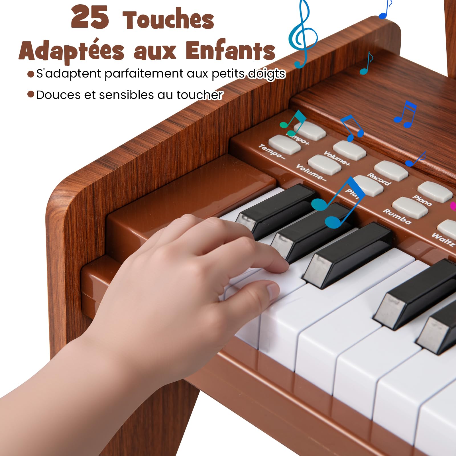 DREAMADE Clavier 25 Touches, Piano Électrique pour Enfants avec 15 Démos, 6 Tonalités et 8 Percussions, Enseignement Guidé par Lumière avec Pupitre Amovible (Marron)