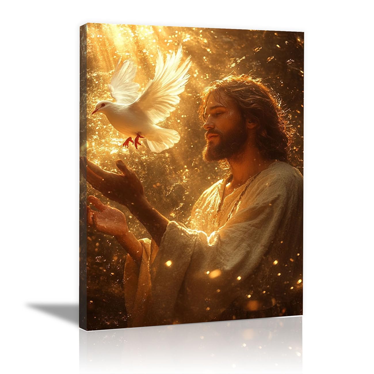 QUSAAOU Christian murals Jesus in Sunset Waves Jesus canvas murals Canvas Wall Decor，Suitable for office,living room,bedroom and church decoration(yellow)-70x100cm Framed