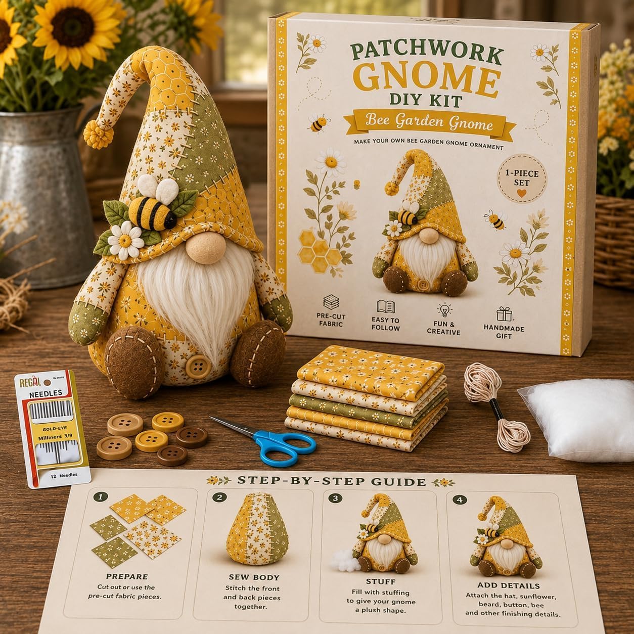 DIY Patchwork Animal Kit,Create Your Own Adorable Animals,Christmas Gnome DIY Patchwork Kit,with Pre-Cut Fabric,Thread & Needles,DIYFabric 3D Gnome Craft Kits,for Adults &Beginners,Home Decor & Gift