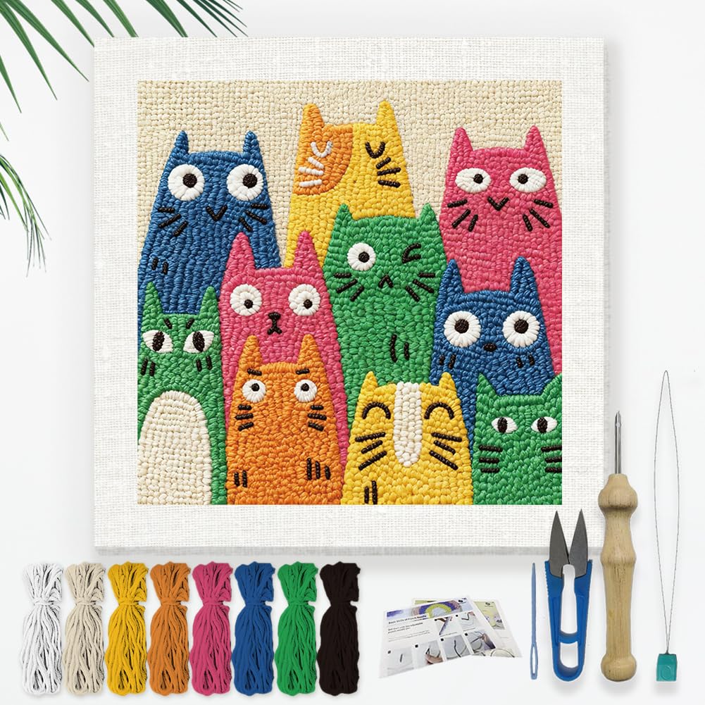 DOODLREAM Colorful Cats DIY Punch Needle Embroidery Kit for Adult Beginner