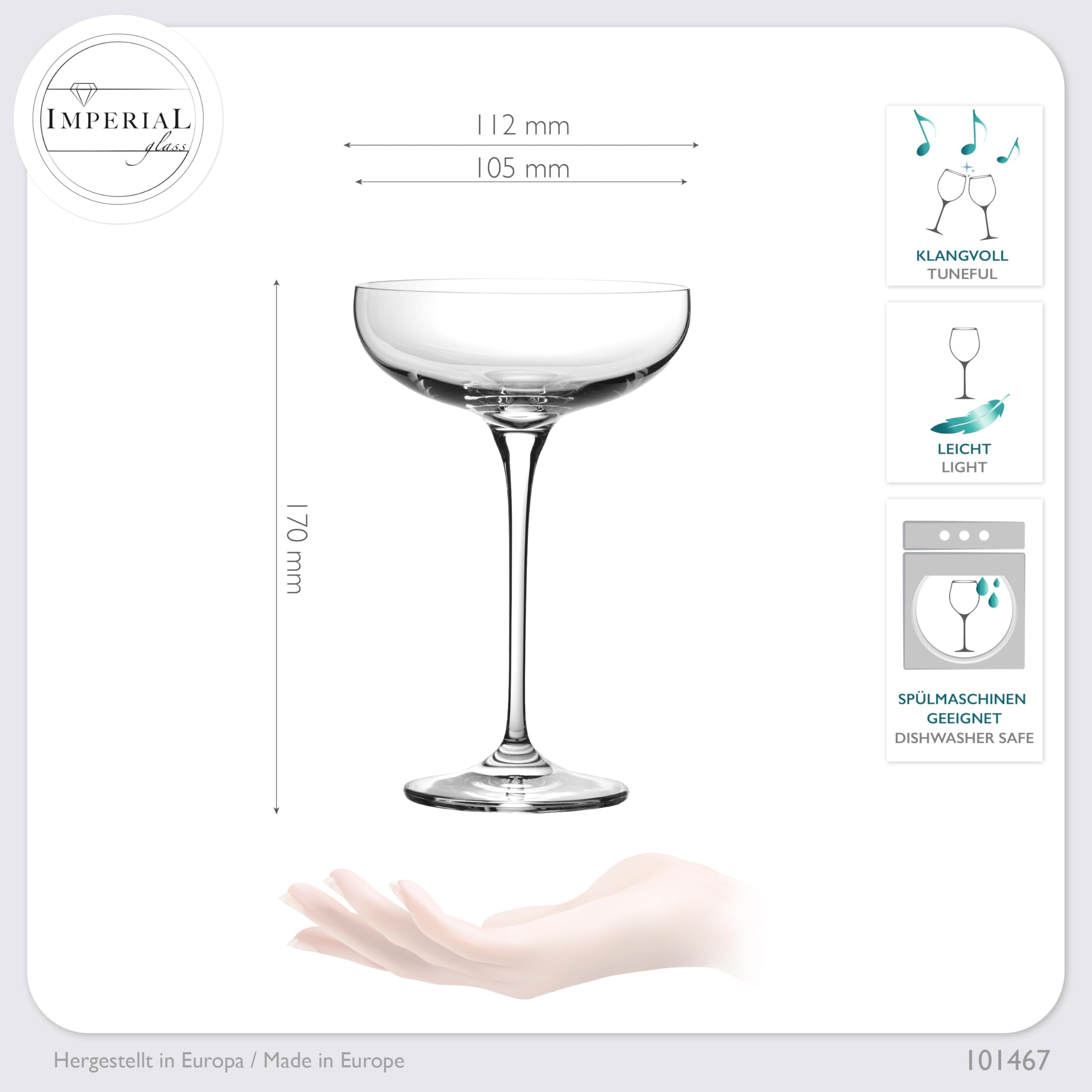 Imperial - Juego de copas de champán (220 ml, 6 unidades, cristal cristalino, apto para lavavajillas)