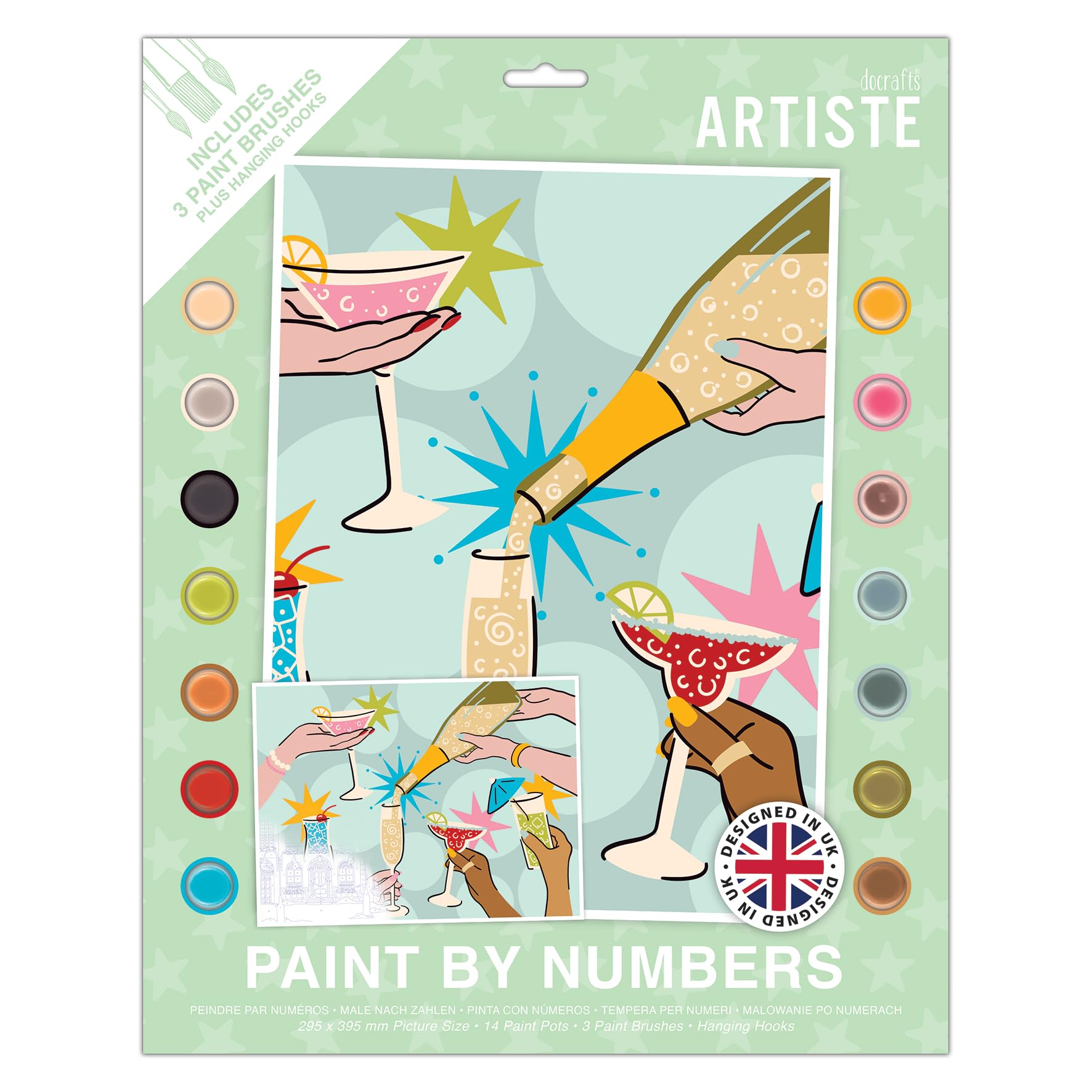 DOCRAFTS ARTISTE Large Paint by Numbers, Cheers, Summer Craft, 395x295mm Board 14 Acrylic Colour Paint 3 Size Brush Set, Adults Craft, Hobbies Craft, Number Coded Design, Personalised Art