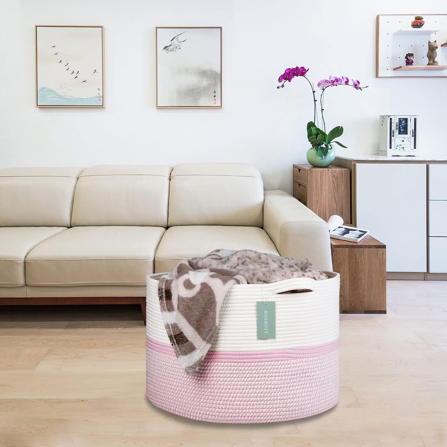 Extra Large Cotton Rope Basket For Girls Kids 87L, Nursery Hamper, Large Laundry Basket , Nursery Bin, Laundry Hamper Organizer for Storage Toys Blankets Clothes, 22”x 14”, Blend White & Pink - Image 7