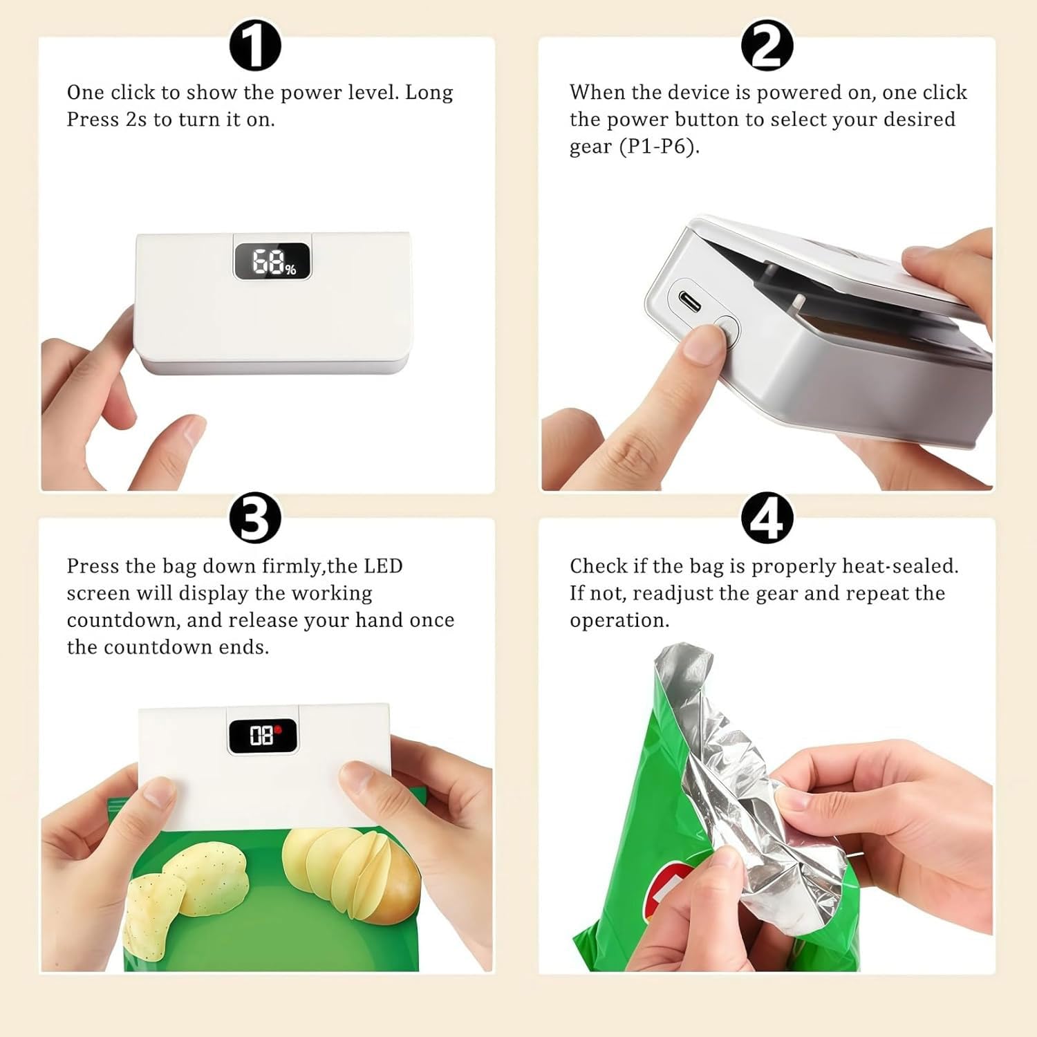 USB-C Rechargeable Mini Bag Sealer, Mini Folienschweißgerät 2 in 1, USB aufladbar Tütenverschweißer mit Cutter & Magnetfuß, 6 verstellbaren Gängen Heißsiegelgerät für Lebensmittellagerung (Weiß)
