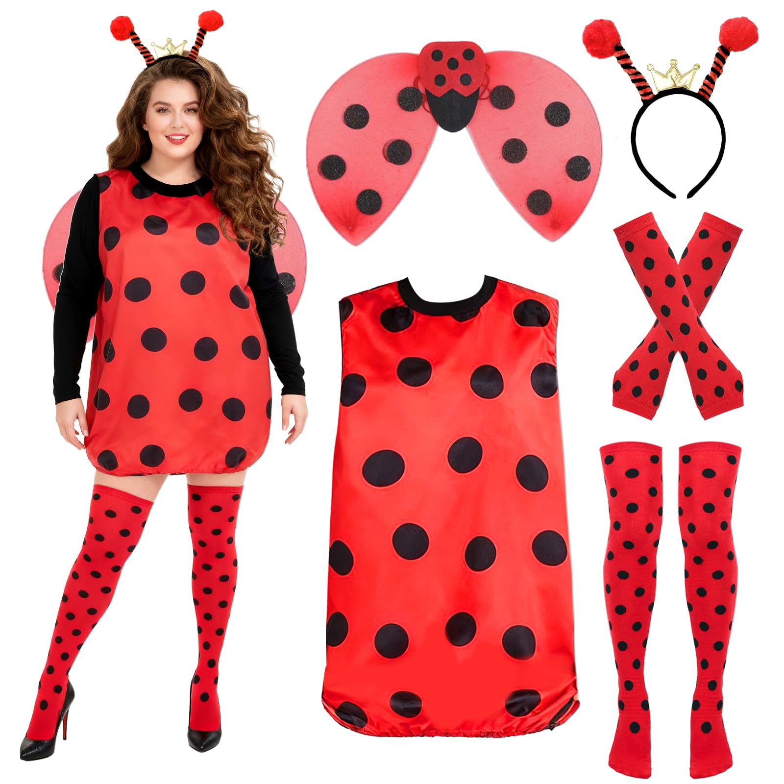 Xerteam Ladybird Costume Women, Lady Bug Wings Dresses Antennae Headband Arm Warmers Over-knee Socks