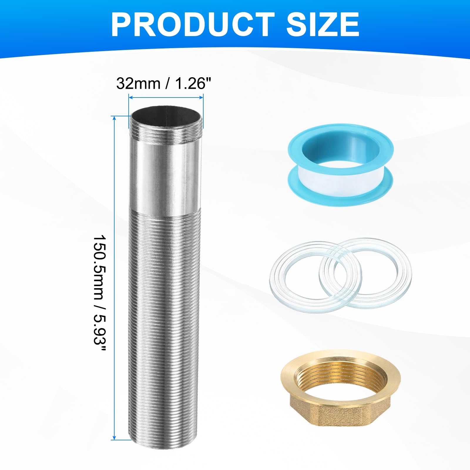 QUARKZMAN Wasserhahn Verlängerungsrohr M32 x 150.5mm, Gewinde Edelstahlrohr Adapter mit Anti-Lockermutter und Dichtband für Installation von Wasserleitungen und Wasserhähnen