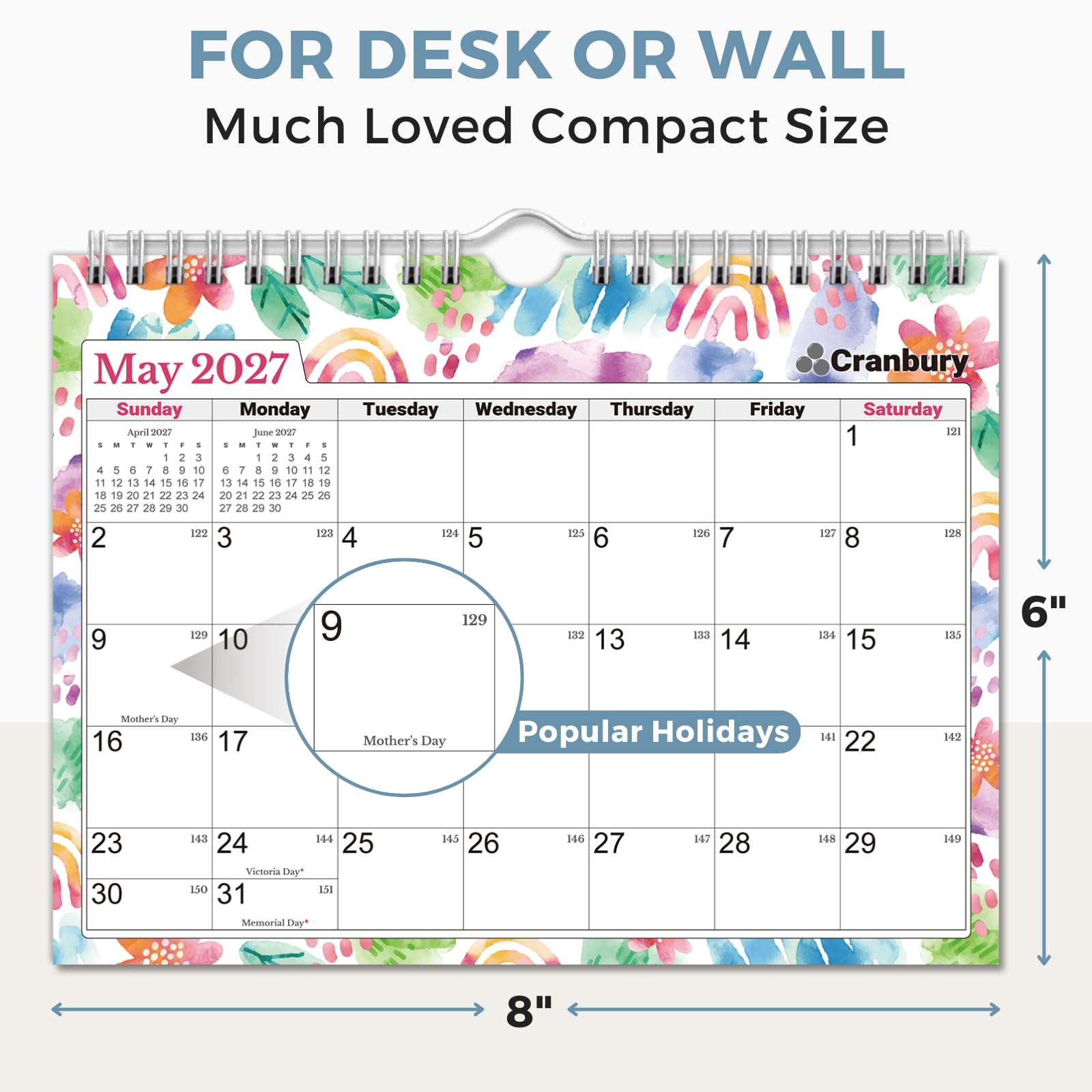 CRANBURY Calendario de pared pequeño 2025 de 8 x 6 pulgadas (temporadas), mini calendario mensual colgante, encuadernado en espiral, diseños coloridos de temporada, uso en tablón de anuncios, nevera o
