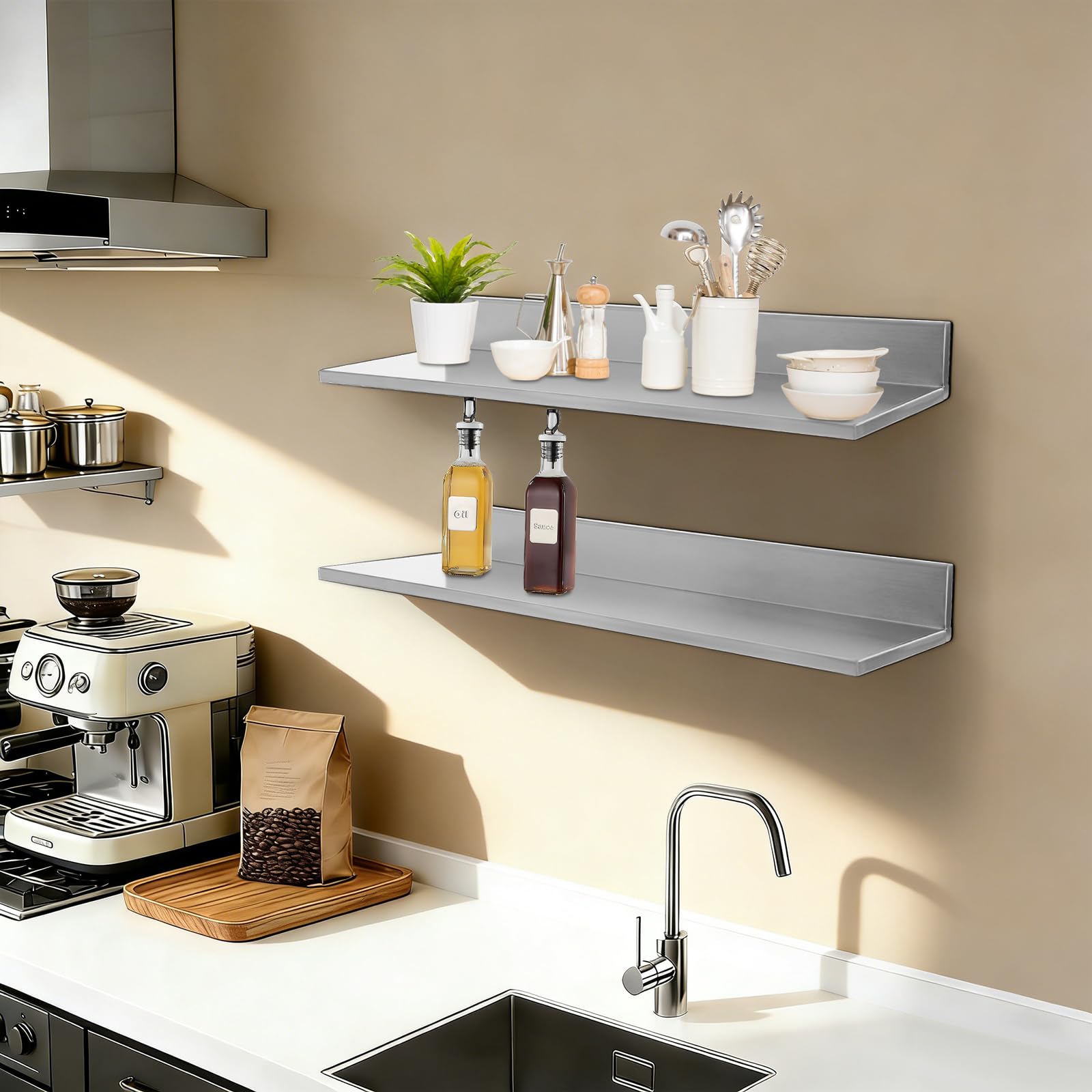 Estanteria Pared 2 Piezas Baldas Flotantes Pared de Acero Inoxidable 76.2x21.8cm Estante Pared para Hogares, Cafeterías, Cocinas para Guardar Cubiertos, Platos, Cucharas, Tenedores