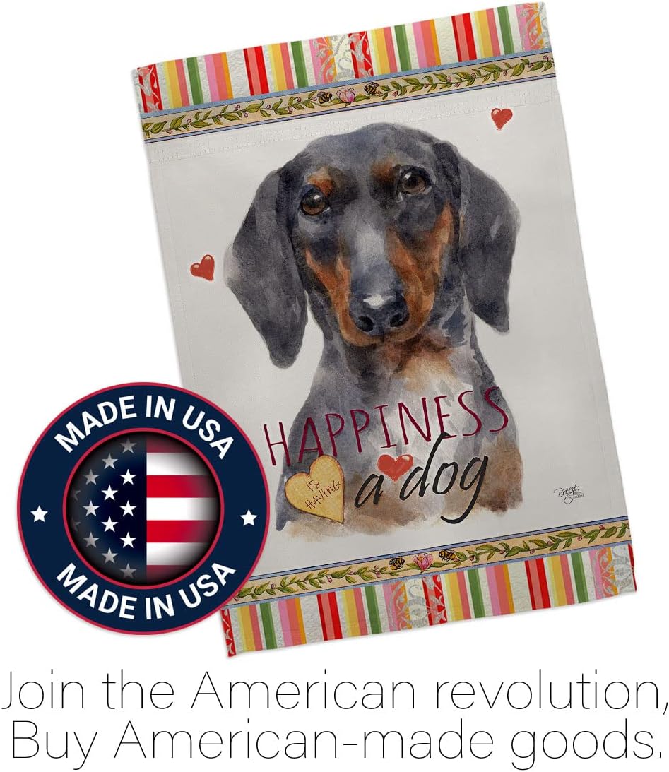 Breeze Decor Black Tan Dachshund Happiness House Flag Dowel Set Dog Puppy Spoiled Paw Canine Fur Pet Nature Farm Animal Creature Banner Small Garden Yard Gift Double-Sided, Made in USA