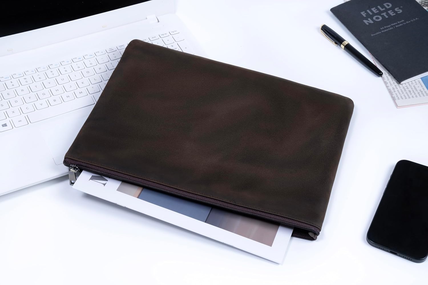 Genuine Leather A4 File Folder for Document, Leather File Folder Organizer Document Holder for Men&Women, Waterproof Portfolio Envelope Folder Case