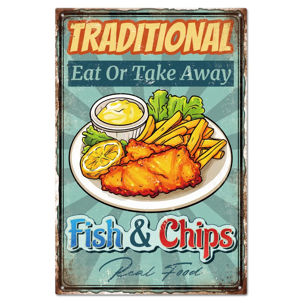 GLOBLELAND "Traditional Eat or Take Away Fish Chips" Vintage Fish Chips French Fries Metal Tin Sign 12x8in/30x20cm Art Plaque Poster Wall Decor for Bar Club Restaurant Cafe
