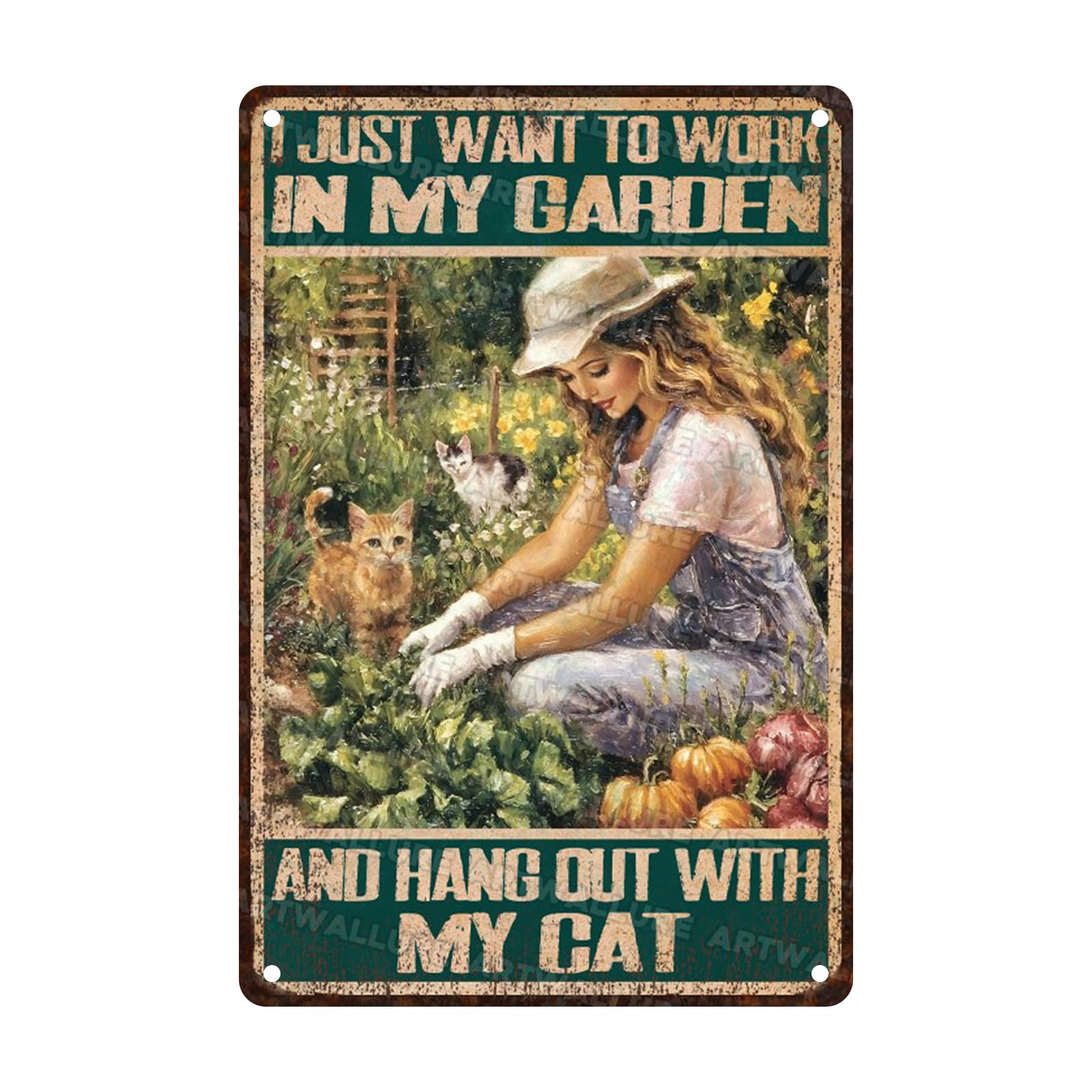 Anceky Retro Metal Tin Sign I Just Want To Work In My Garden And HangWith My Cat Metal Sign Retro Wall Decor For Farmhouse Bar Cafe Kitchen Backyard Window 12×8 Inch