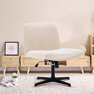 Wide Office Chair Vanity Chair Armless Home Office Desk Chair 120° Rocking Mid Back Ergonomic Computer Chair No Wheels Task Chair Fabric Padded Swivel Chair (Light Beige,with Cross Base)