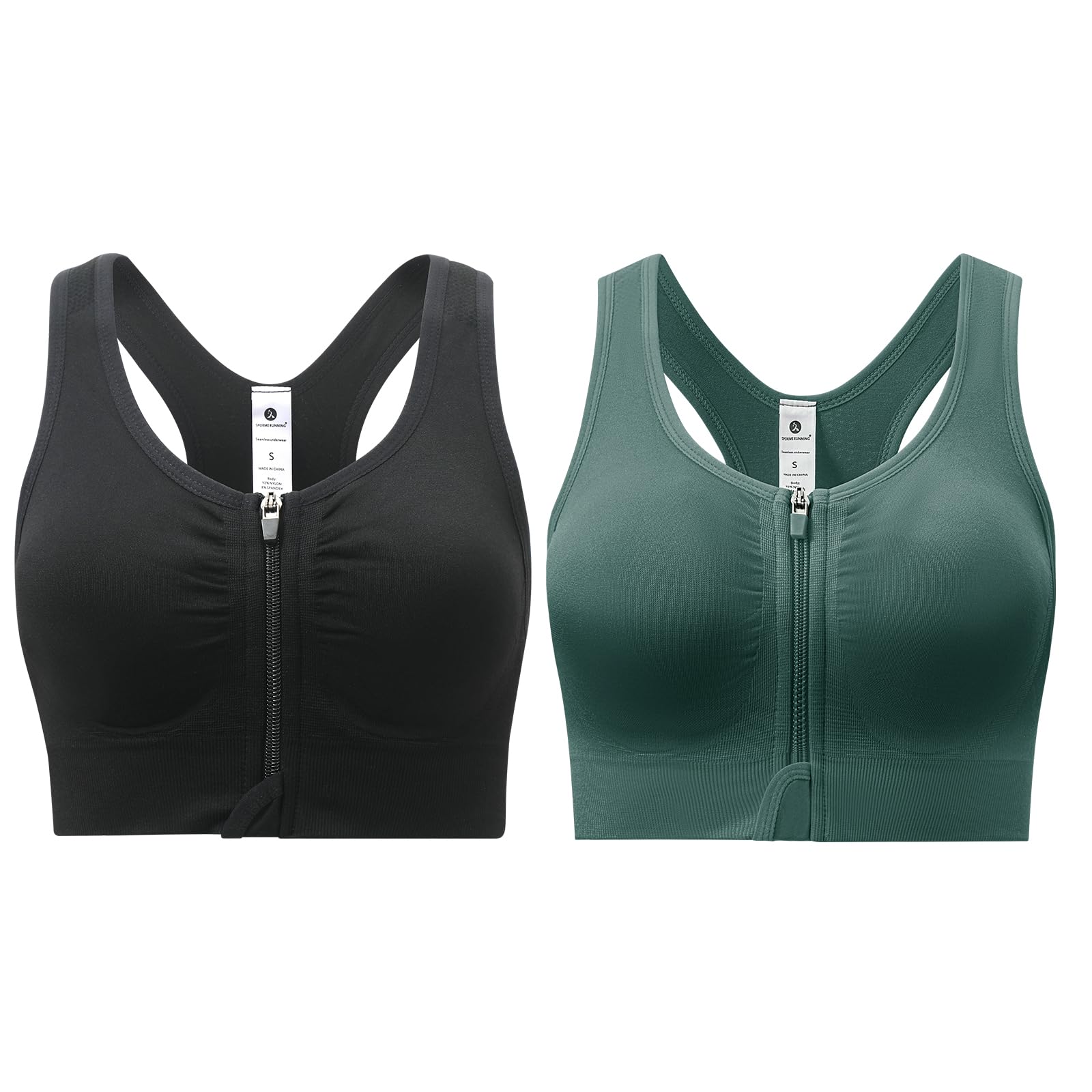 SPORME RUNNING Zip Front Sports Bra for Women - Medium Support Racerback Workout Bra with Removable Pads & Double Hooks