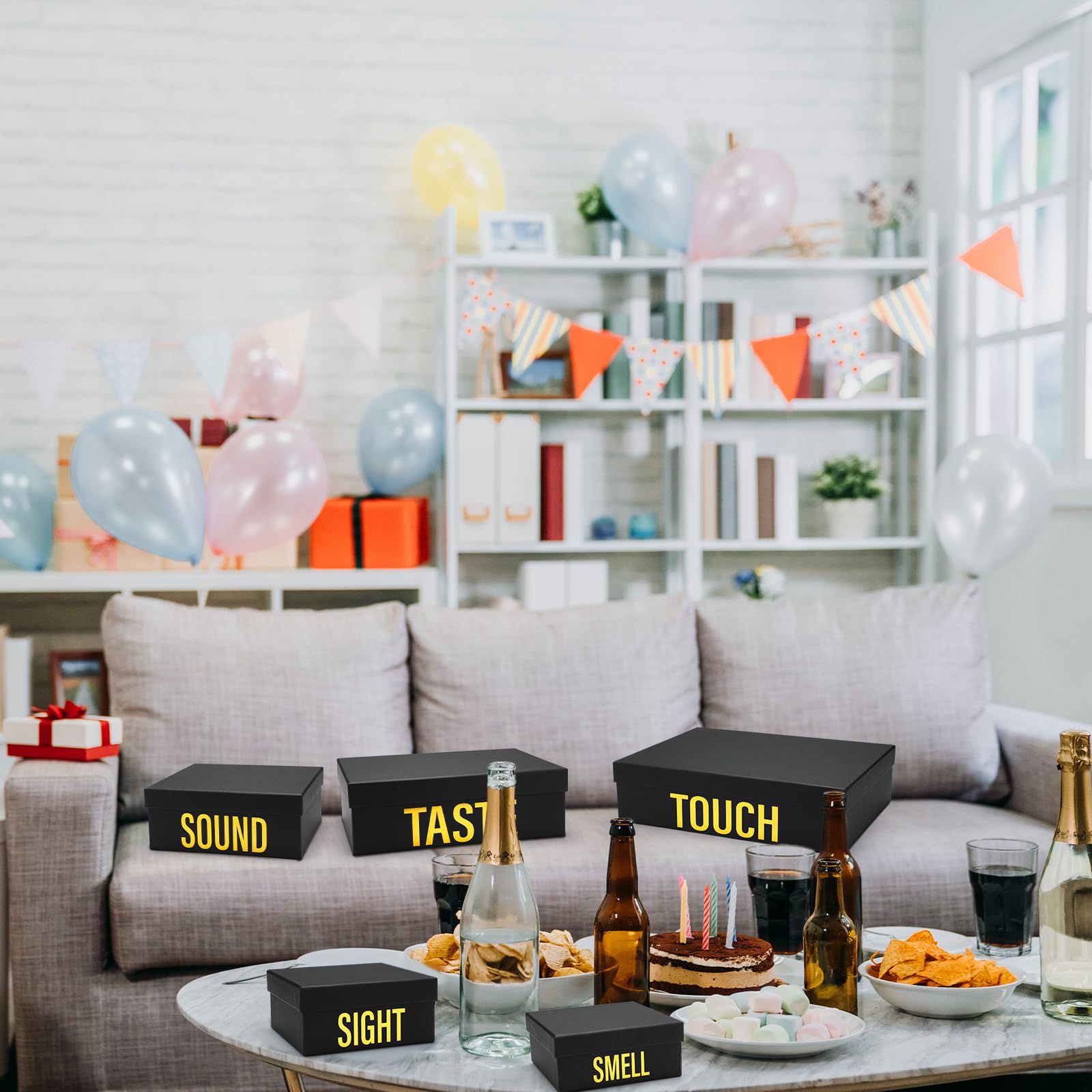 Kolldenn 5 Senses Gift Box Set - Black Square Boxes With Champagne Ribbon (5 Pack)