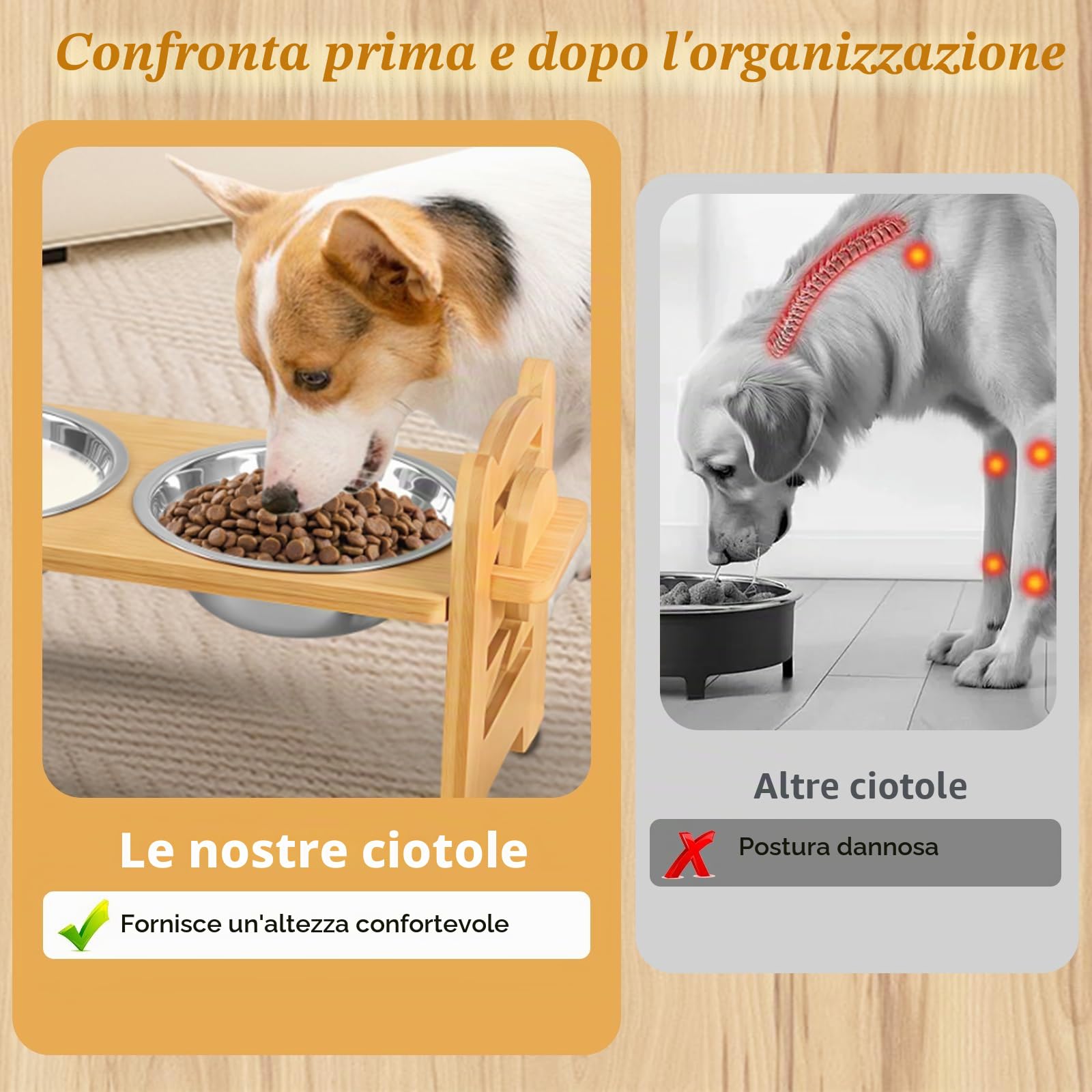 Ciotola per Cani Rialzata Regolabile con 2 Ciotoline in Acciaio Inox, Ciotola per Cibo per Cani e Gatti in Acciaio Inox, Ciotola per Cani Rialzata a 3 Altezze