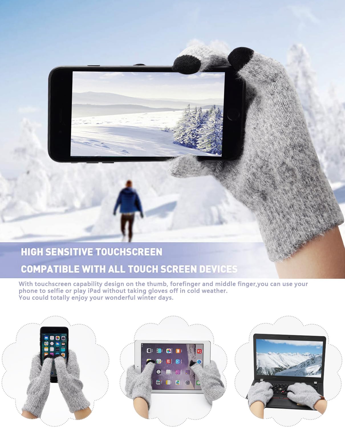 Bequemer Laden Donna Inverno Caldo Knit Beanie Cappello Touchscreen Guanti Lungo Sciarpa Set con Fleece Foderato Teschio Caps Collo Sciarpe