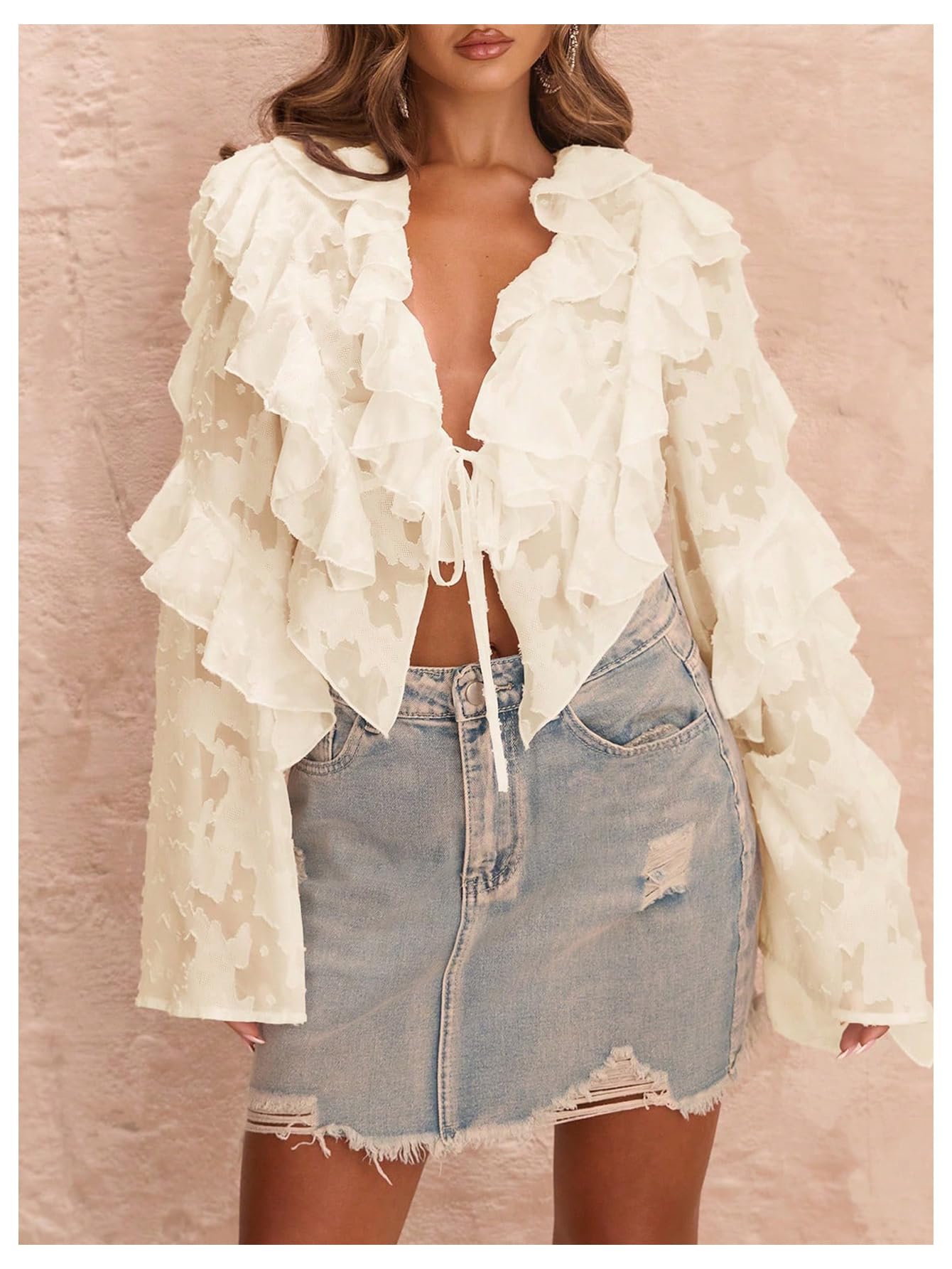 MakeMeChic Women's Tie V Neck Blouse Ruffle Trim Bell Sleeve Elegant Going Out Crop Tops Fall Clothes