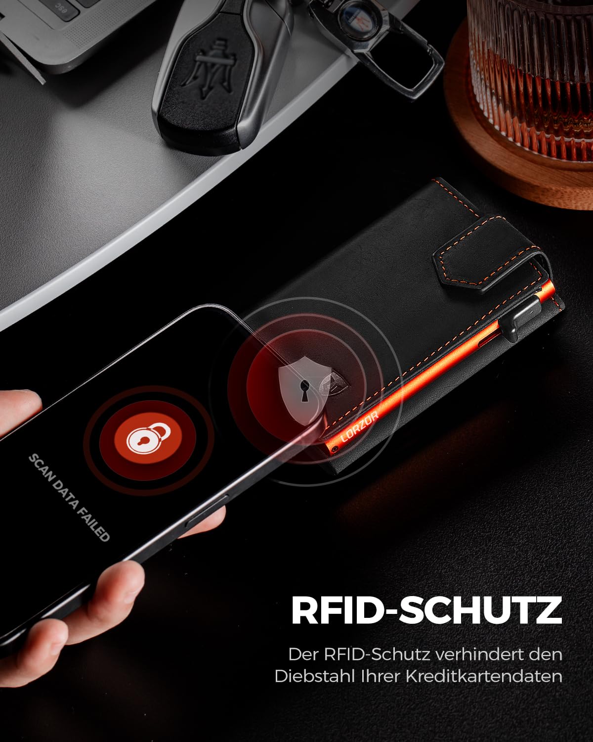 LORZOR Kartenetui mit Magnetischer Verschluss, Slim Wallet mit Münzfach, Geldbörse Herren RFID Schutz, Portmonee Herren Portemonnaie für 10 Karten, Smart Wallet, Geldbeutel (Orange)