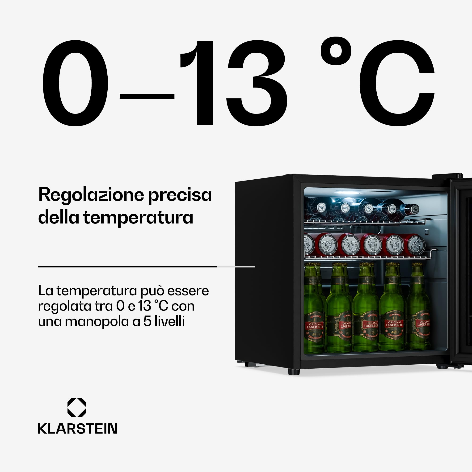 KLARSTEIN Frigo Vetrina Bibite 47L - Porta in Vetro a Specchio, LED, Temperatura 0-13°C, 2 Ripiani Removibili, Frigorifero Vetrina Bibite, Design Moderno