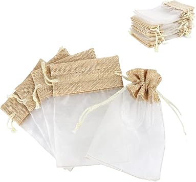 GULELAYAR 30pc Linen Jute Organza Bags - 4x6 Inch Mesh Chiffon Gift Candy Jewelry Pouches Drawstring Bags for Wedding Easter Party Favors Christmas