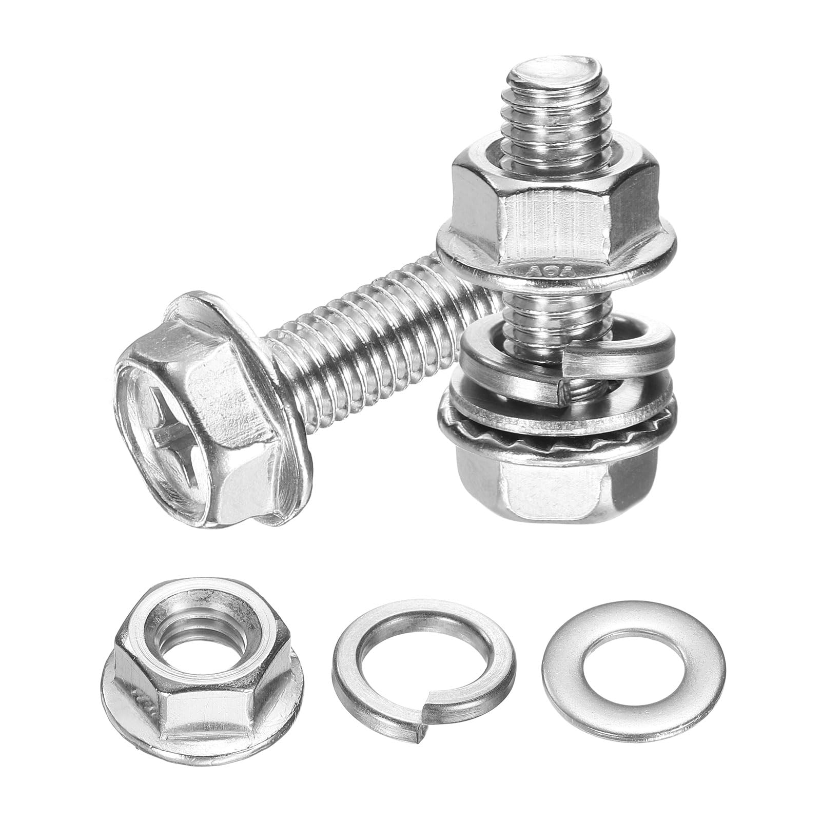 sourcing map M8 x 25mm Flanged Hex Head Bolts, 10Pcs 304 Stainless Steel Flange Hexagon Screws with Nuts, Flat & Lock Washers, Fully Threaded, for Machinery Industry Home Appliances