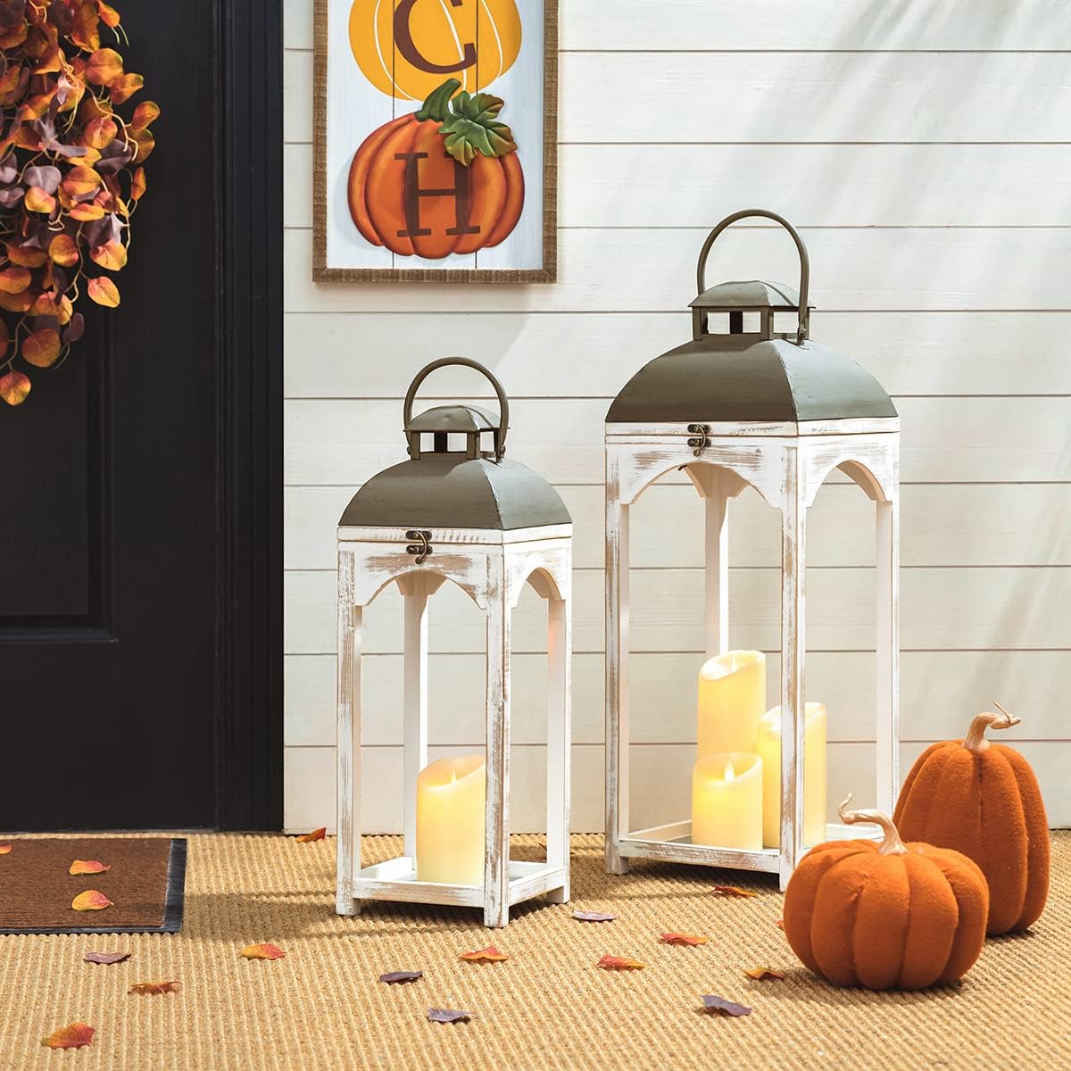 Diamond White Painted Wood Hanging Tabletop Candle Lantern Set