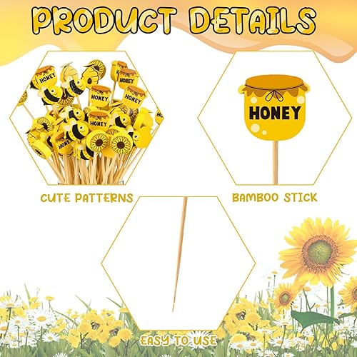 Miniatura 2 de Zubebe Palillos de cóctel de abejas de verano, palillos de bambú de girasol, palillos de dientes de cóctel de abejas para cupcakes, aperitivos de