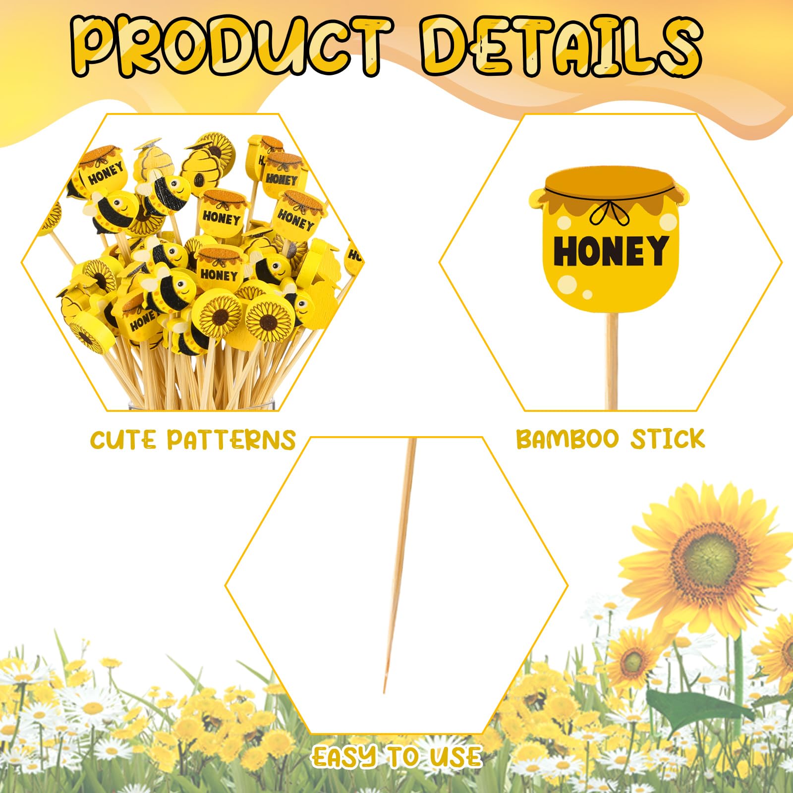 Zubebe Summer Bees Cocktail Picks Sunflower Bamboo Toothpicks Bee Cocktail Toothpicks for Cupcake Fruit Appetizers Drinks Baby Shower Party Decorations (100)