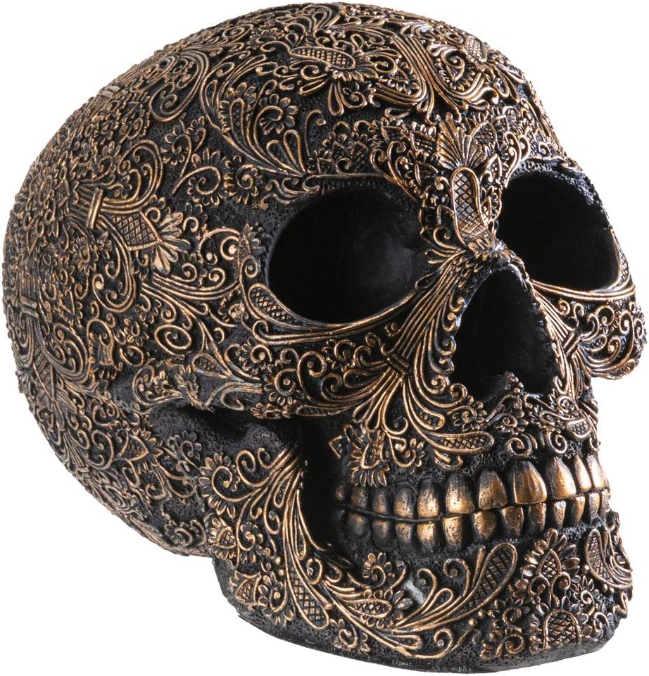 SUMMIT COLLECTION Black Carved Ceremonial Skull with Gothic Motif Design Skull Figurine Collectible 6.75 inch L