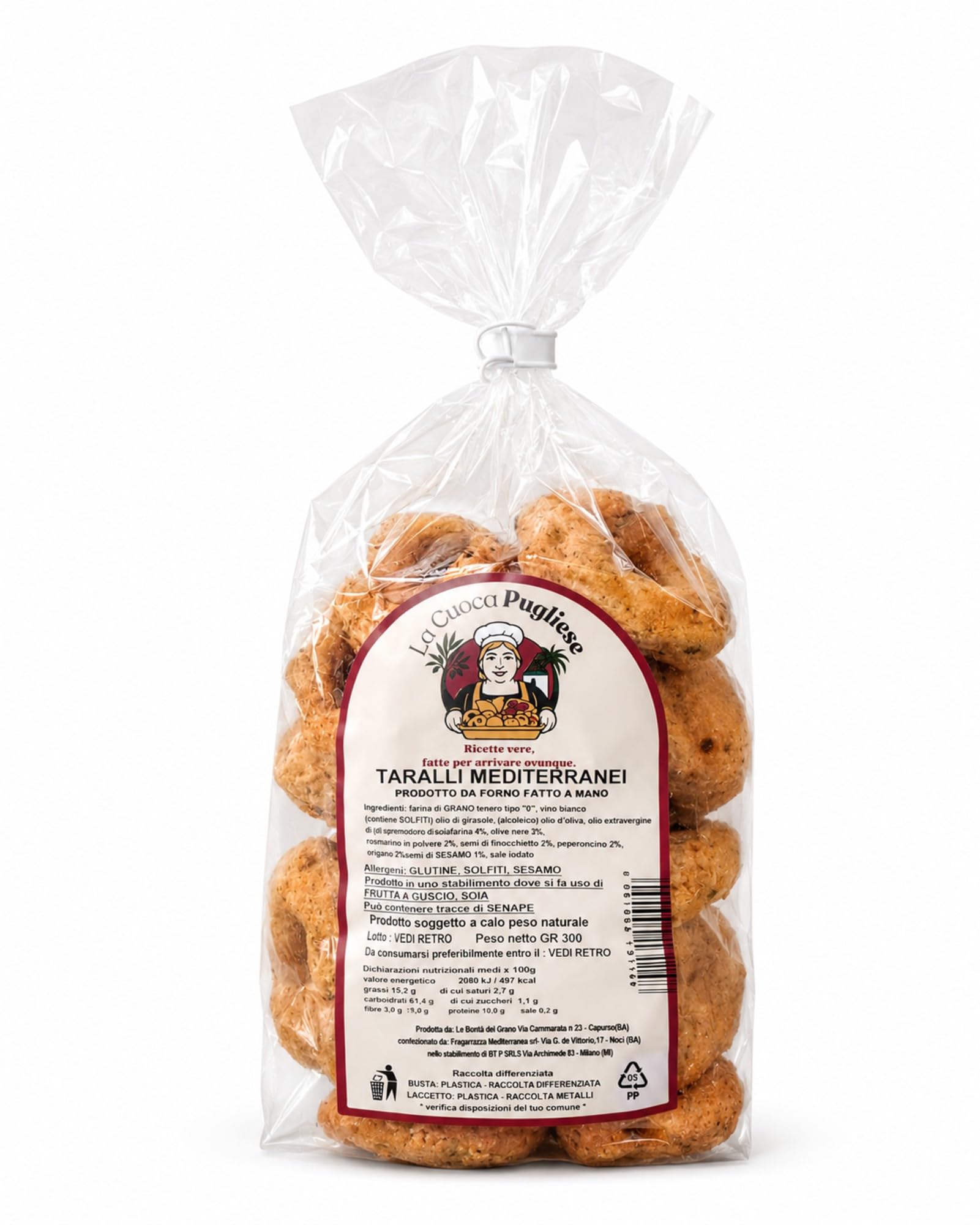 La Cuoca Pugliese - Taralli Mediterranei Artigianali Pugliesi, Taralli Salati Croccanti, Snack da Forno Tradizionale, Ideali per Aperitivi, Confezione da 10 x 300 g