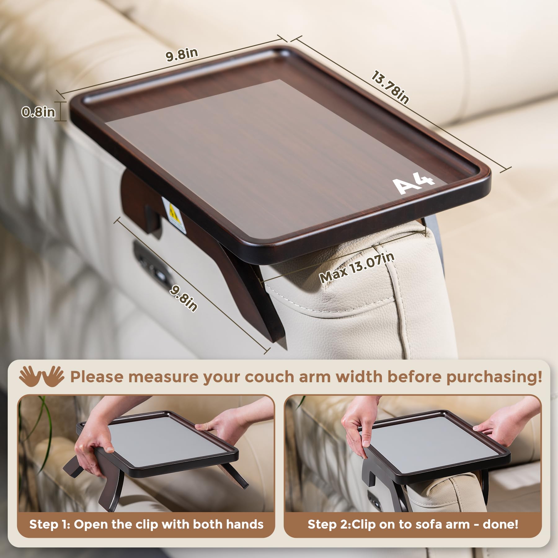 Mesa con reposabrazos de bambú natural para sofá, para bebidas, aperitivos, comer, control remoto, bandeja para brazo de sofá (marrón)